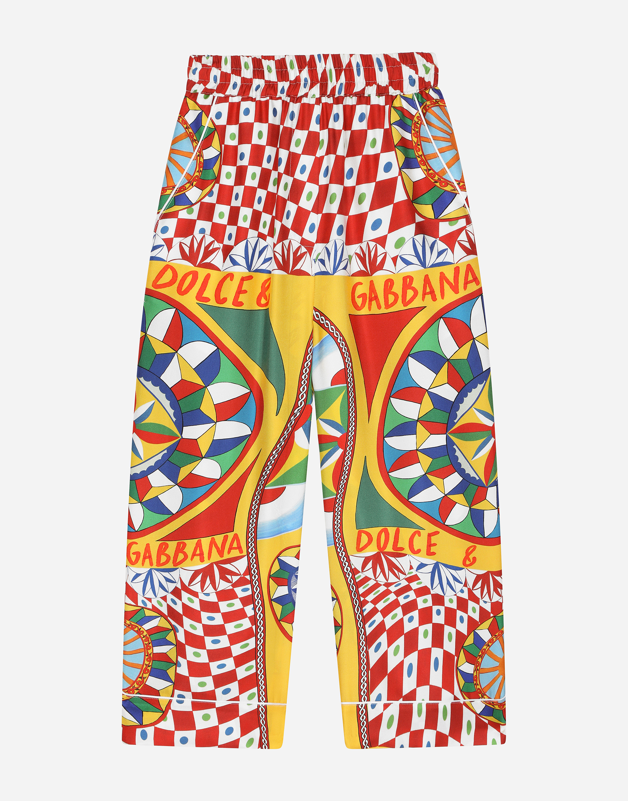 DOLCE & GABBANA CARRETTO-PRINT TWILL PANTS WITH CONTRASTING PIPING