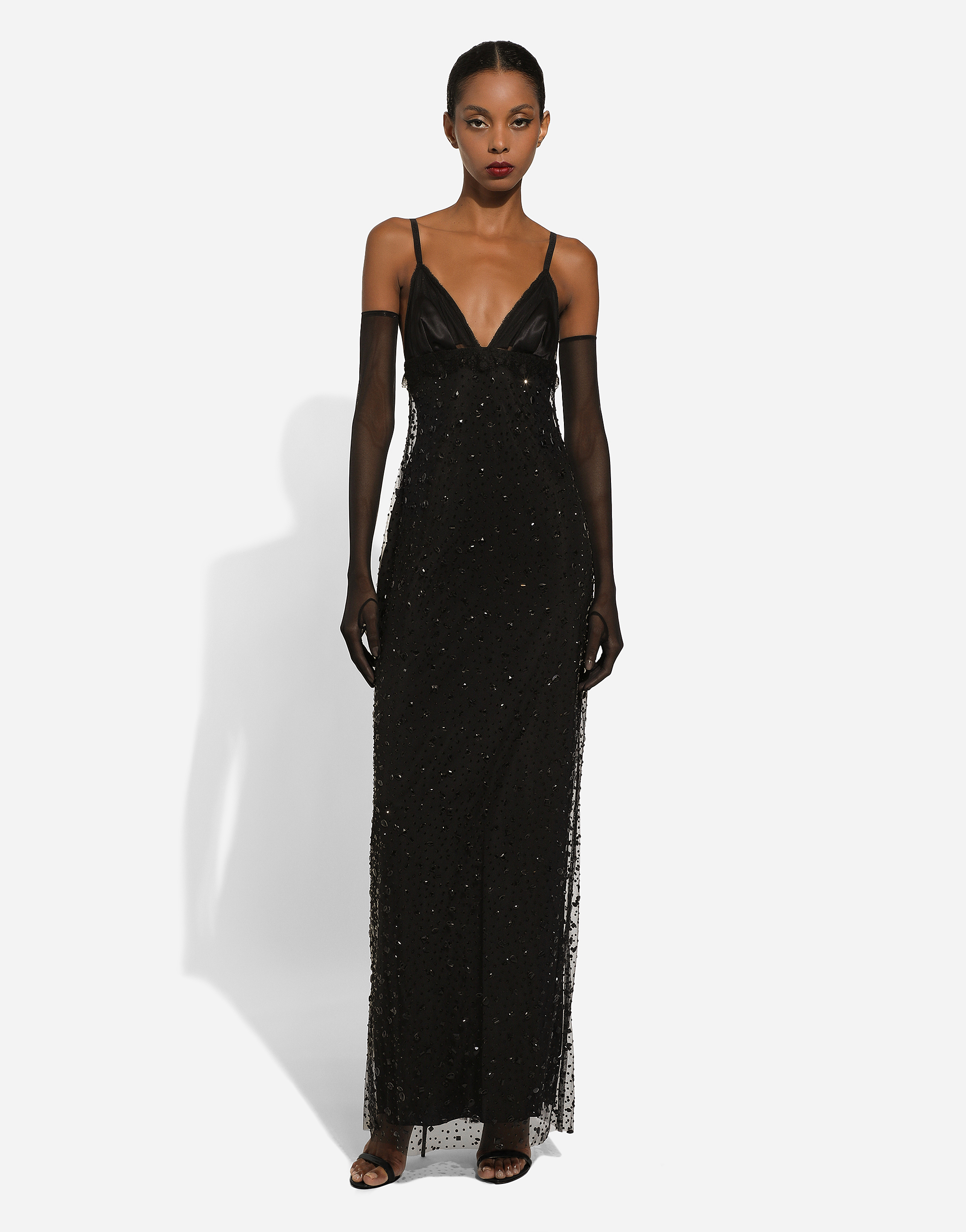 DOLCE & GABBANA LONG TULLE SLIP DRESS WITH ALL-OVER RHINESTONE EMBELLISHMENT