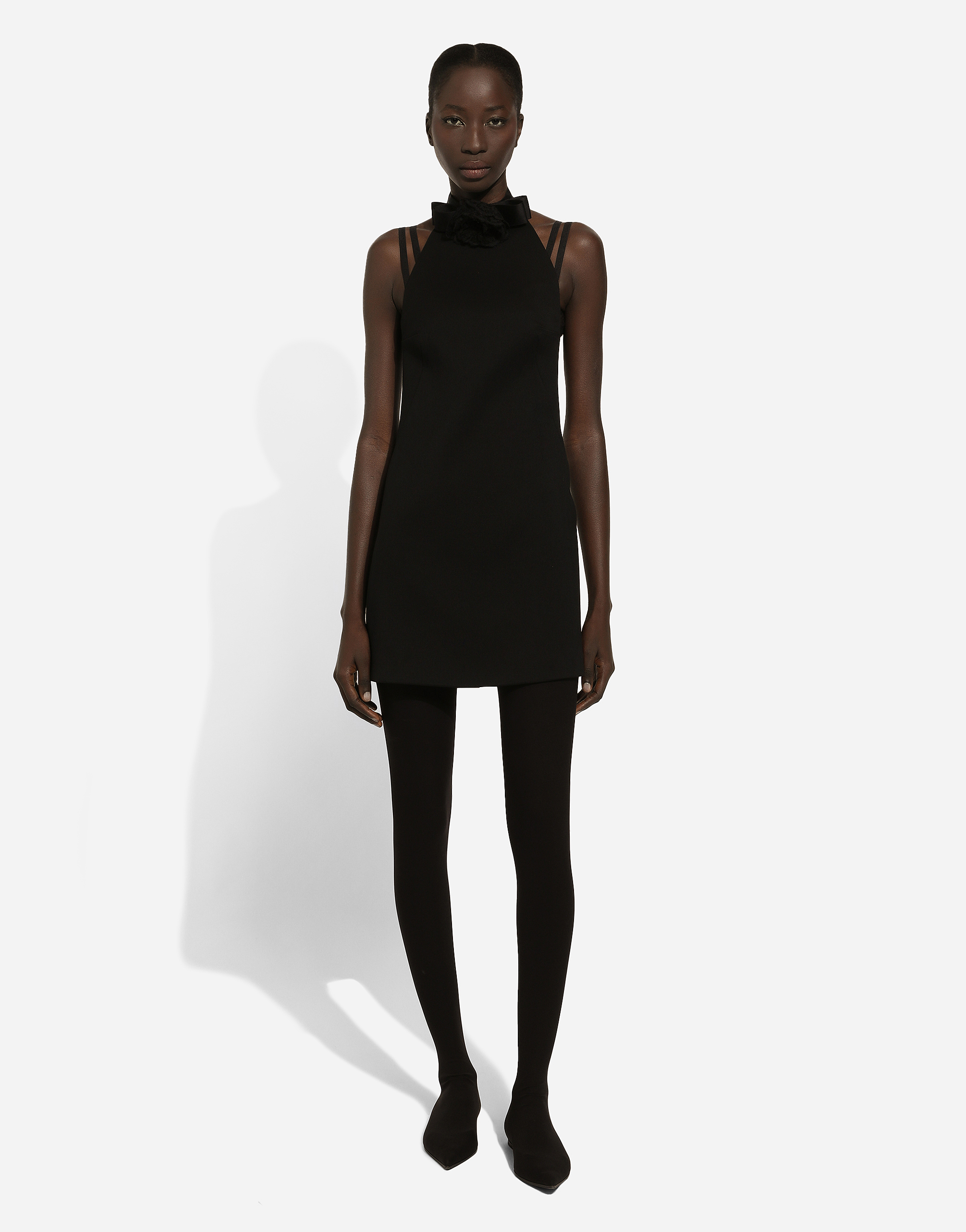 Dolce & Gabbana Black Mini Dress With Floral Detail In Wool Woman In ブラック