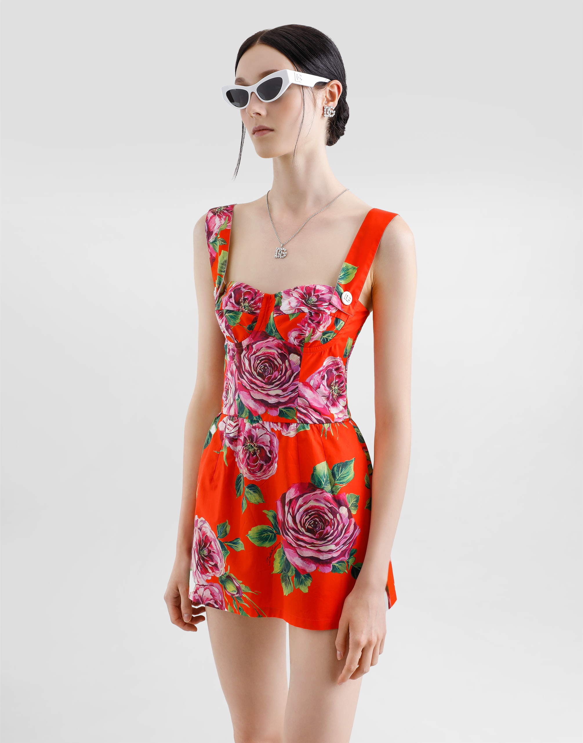 Dolce & Gabbana Long Cotton Corset Top With Rose Print In Print