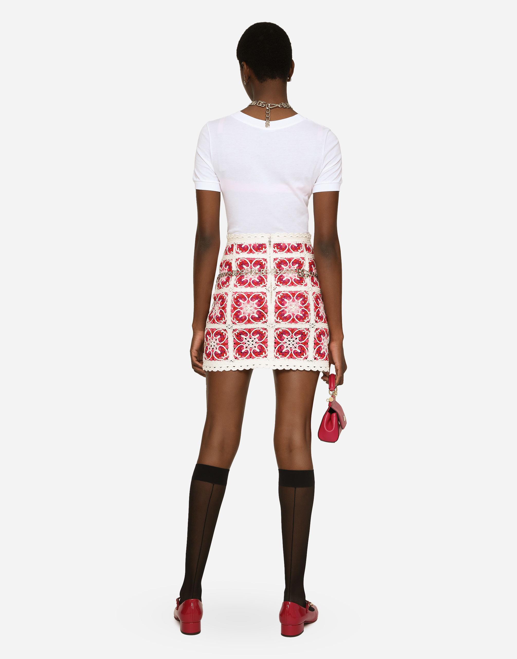 Shop Dolce & Gabbana Brick-stitched Crochet Skirt With Majolica Print In Multicolor