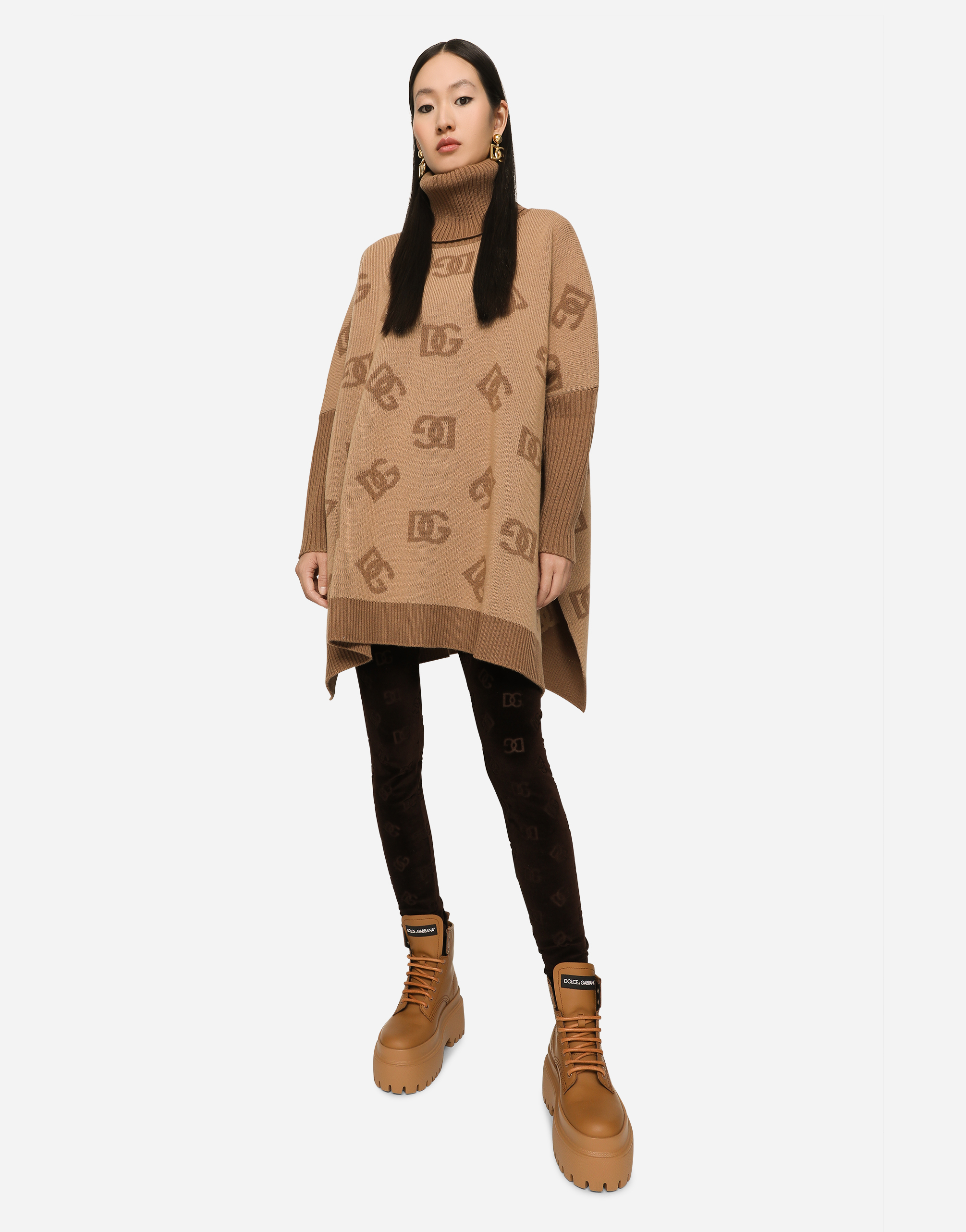 DOLCE & GABBANA SHORT WOOL TURTLE-NECK PONCHO WITH DG INLAY
