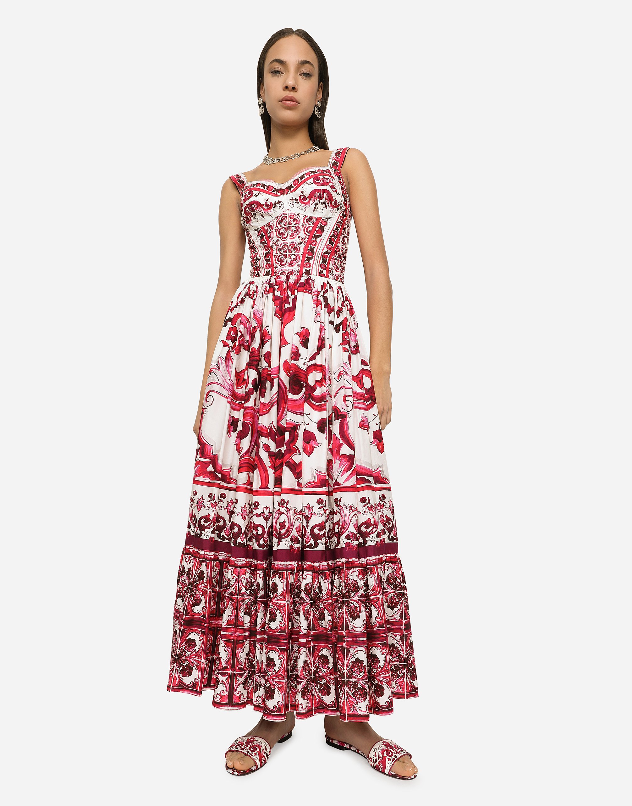 Shop Dolce & Gabbana Calf-length Bustier Dress In Majolica-print Poplin In Multicolor
