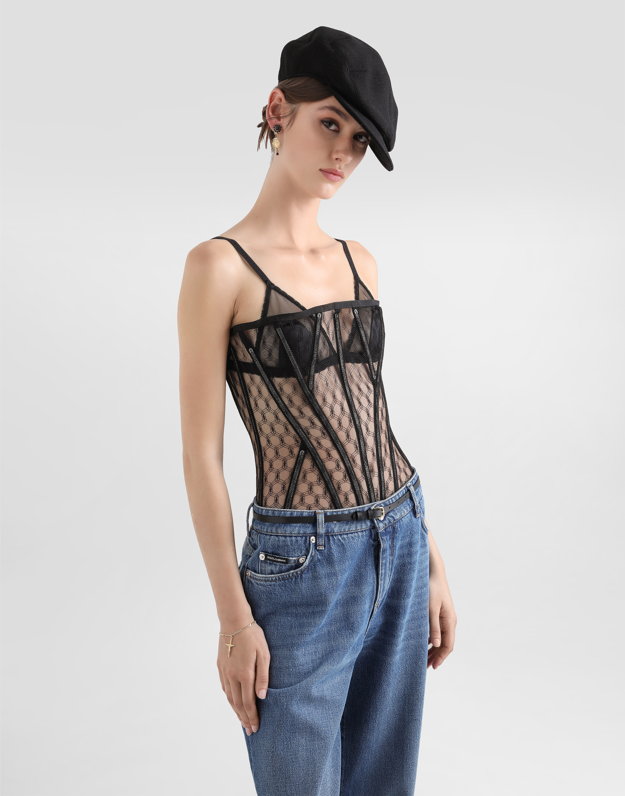 Dolce & Gabbana Mesh Tulle Corset In Nero