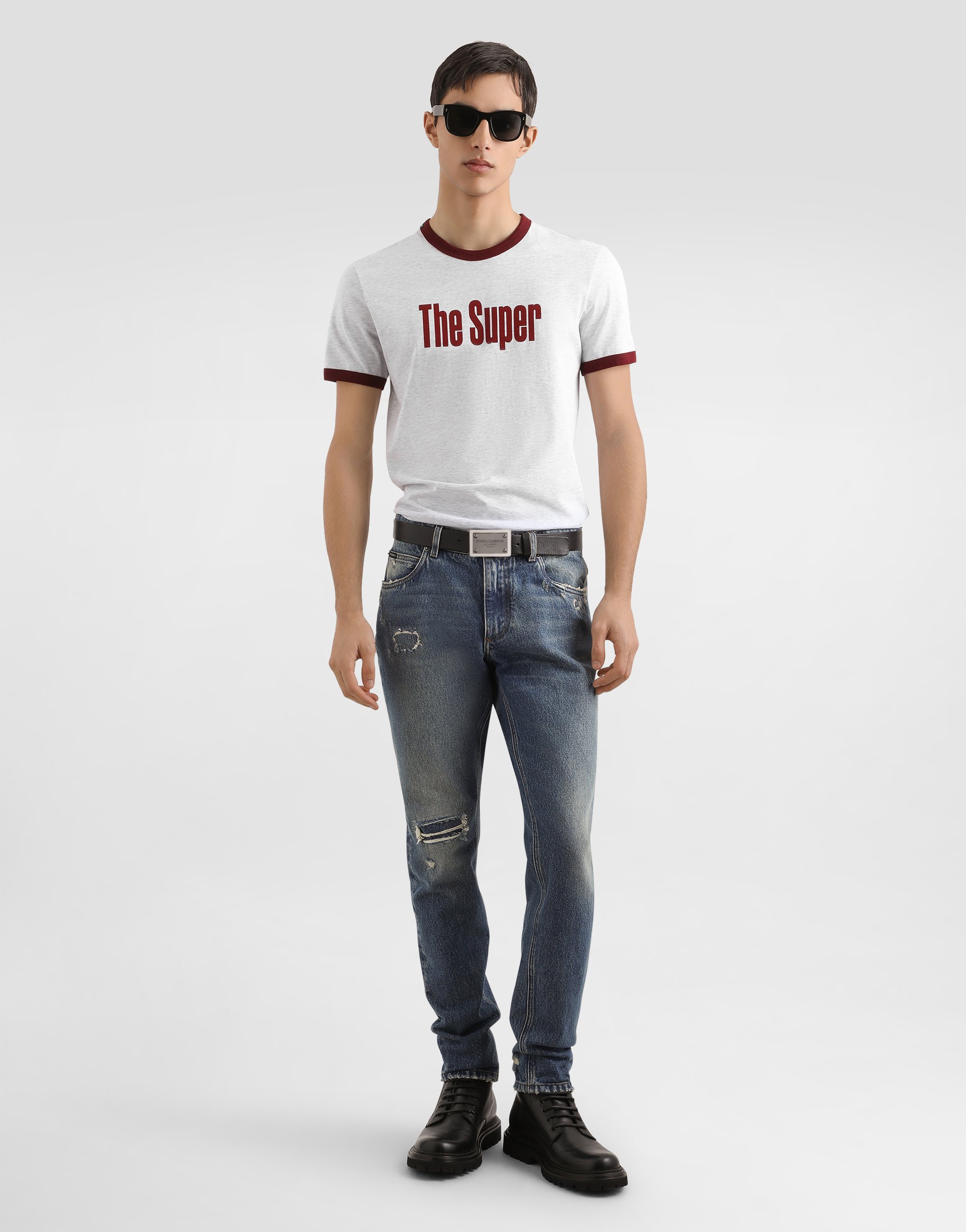 Dolce & Gabbana Distressed Logo-plaque Jeans In Blue