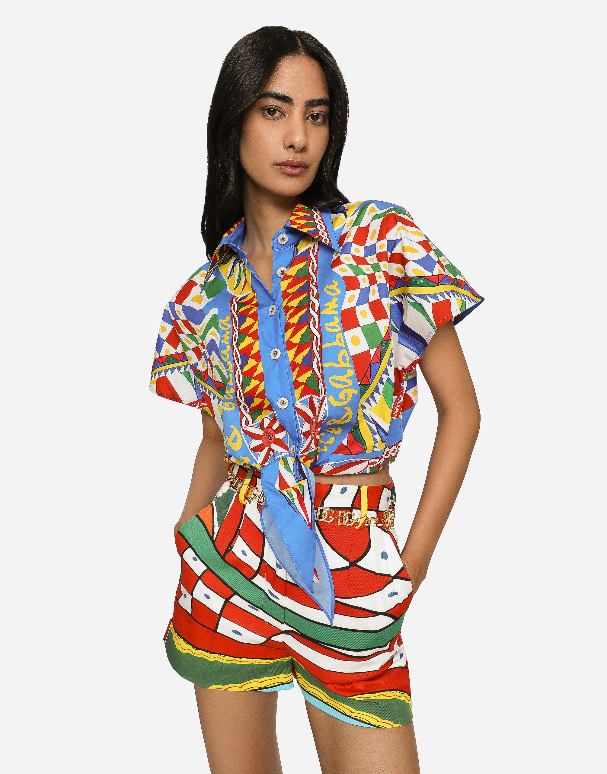 DOLCE & GABBANA SHORT CARRETTO-PRINT POPLIN SHIRT WITH KNOT DETAIL