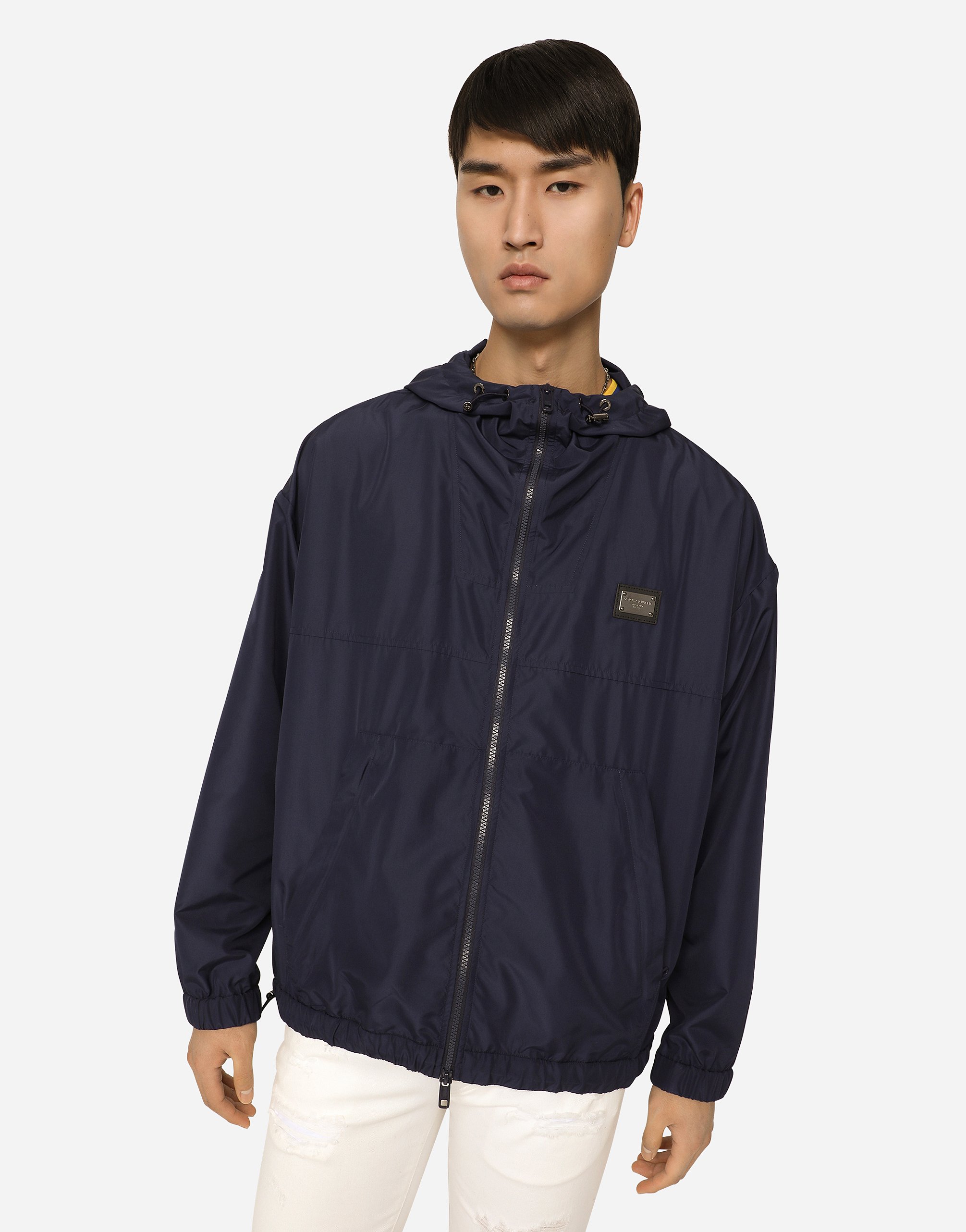 Shop Dolce & Gabbana Nylon Jacket With Hood And Branded Tag In Blue