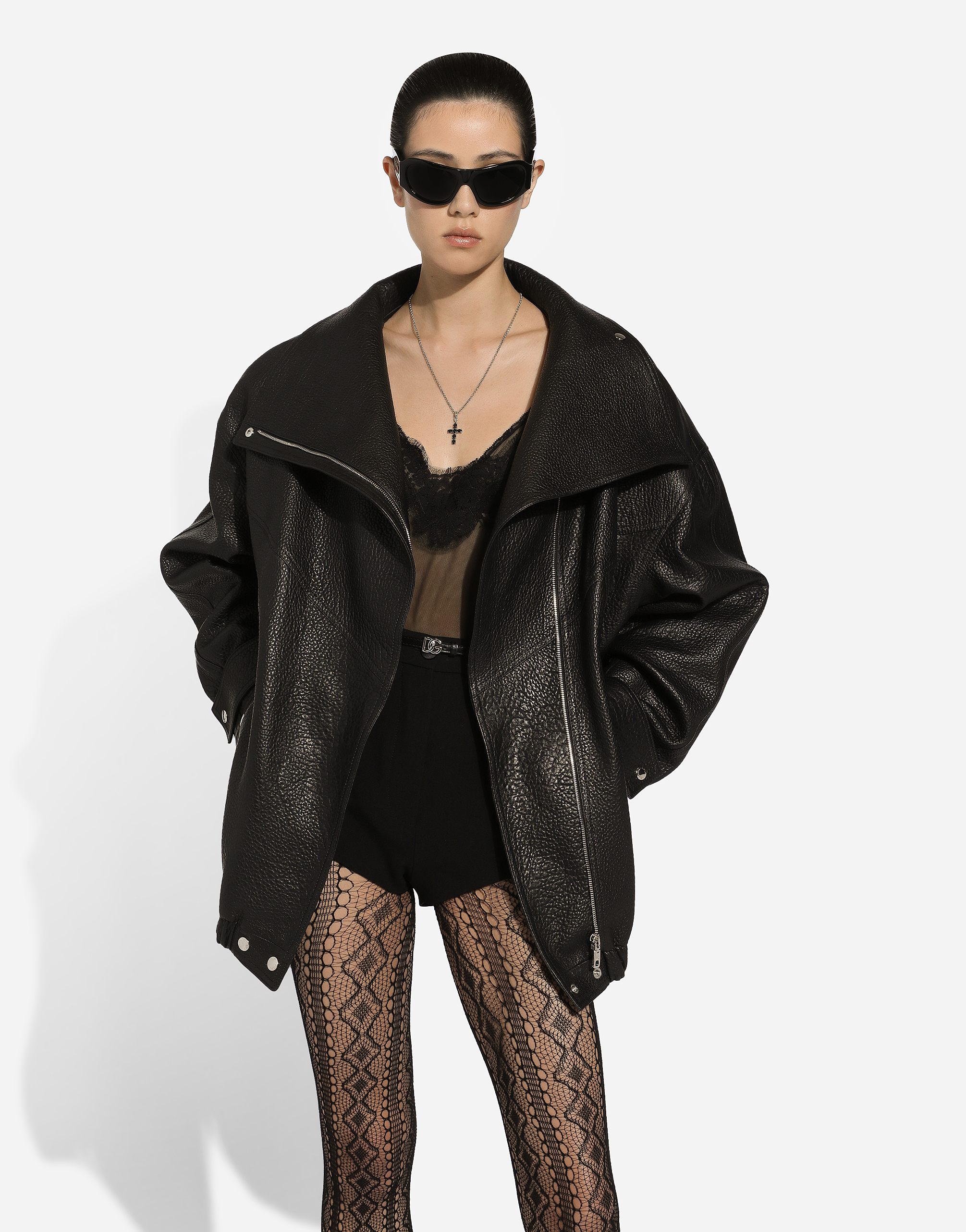 Dolce & Gabbana Oversized Zip-up Leather Biker Jacket In ブラック