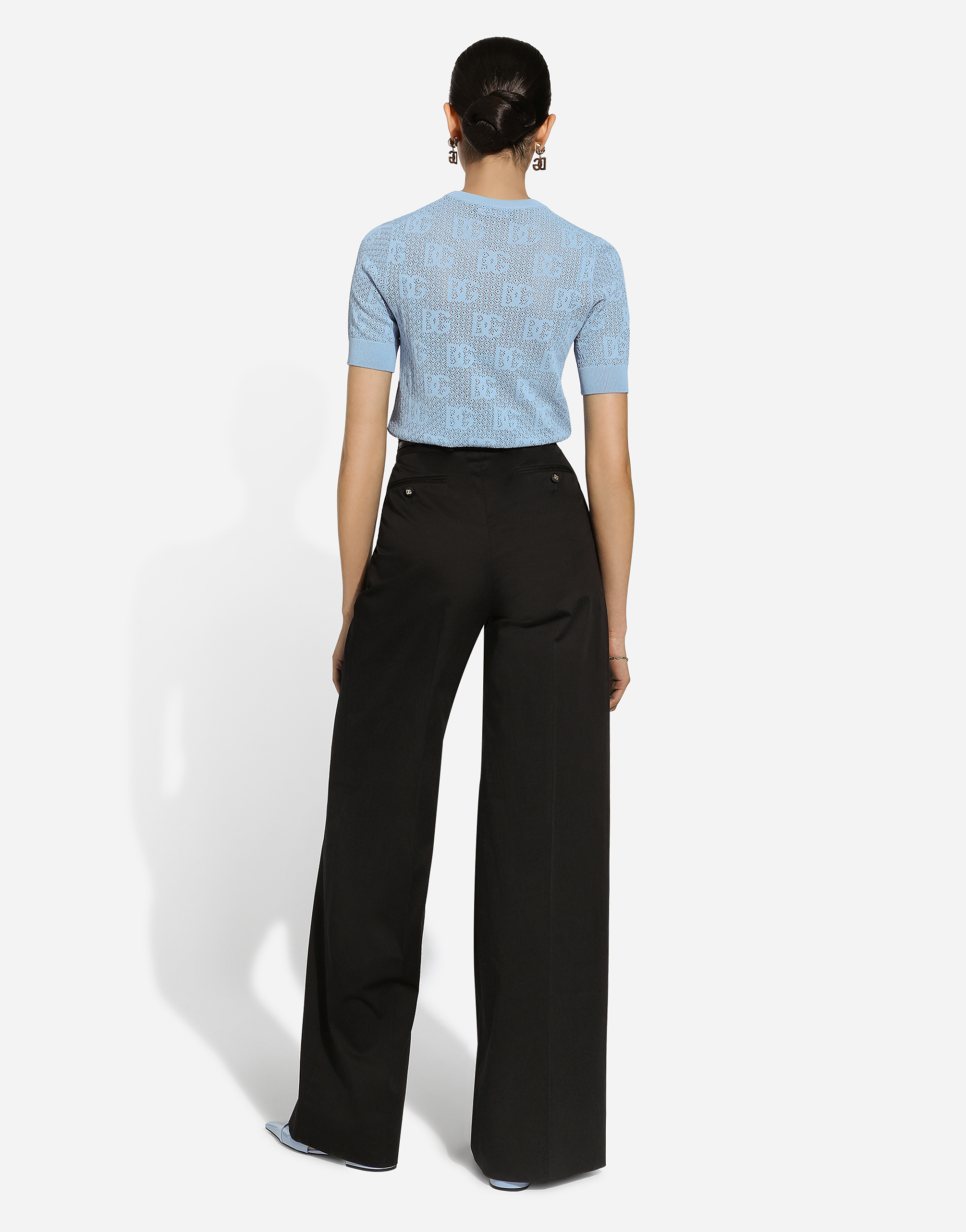 Dolce & Gabbana Lace-stitch Viscose Sweater With Jacquard Dg Logo In Azure