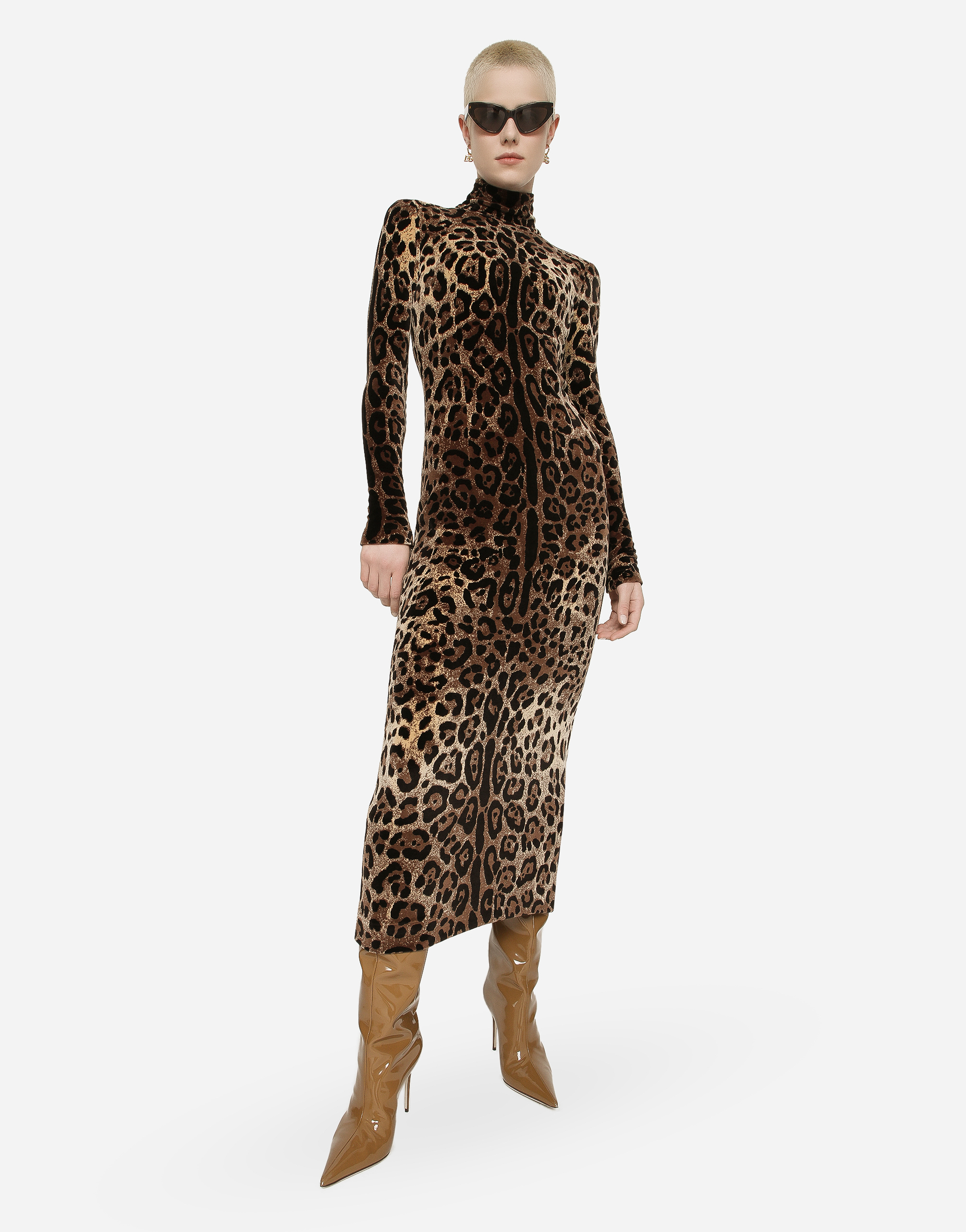 DOLCE & GABBANA LONG CHENILLE DRESS WITH JACQUARD LEOPARD DESIGN