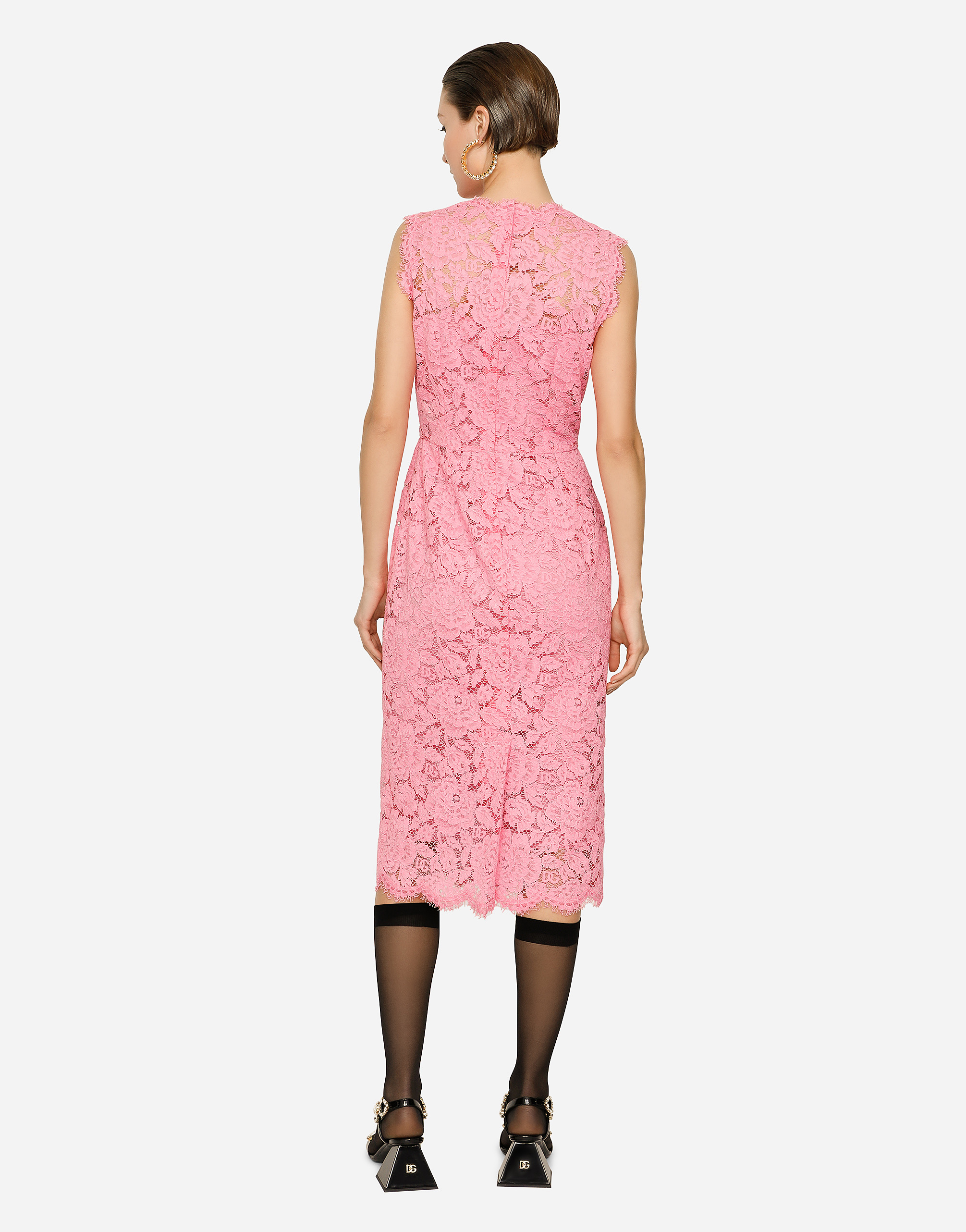 Shop Dolce & Gabbana Branded Stretch Lace Calf-length Dress In Pink