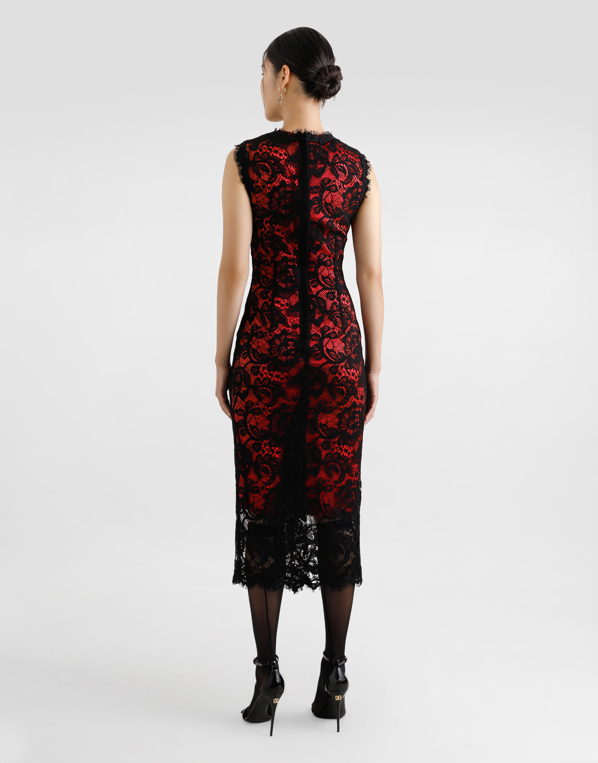 Dolce & Gabbana Calf-length Floral Lace Sheath Dress With Contrasting Lining In Black