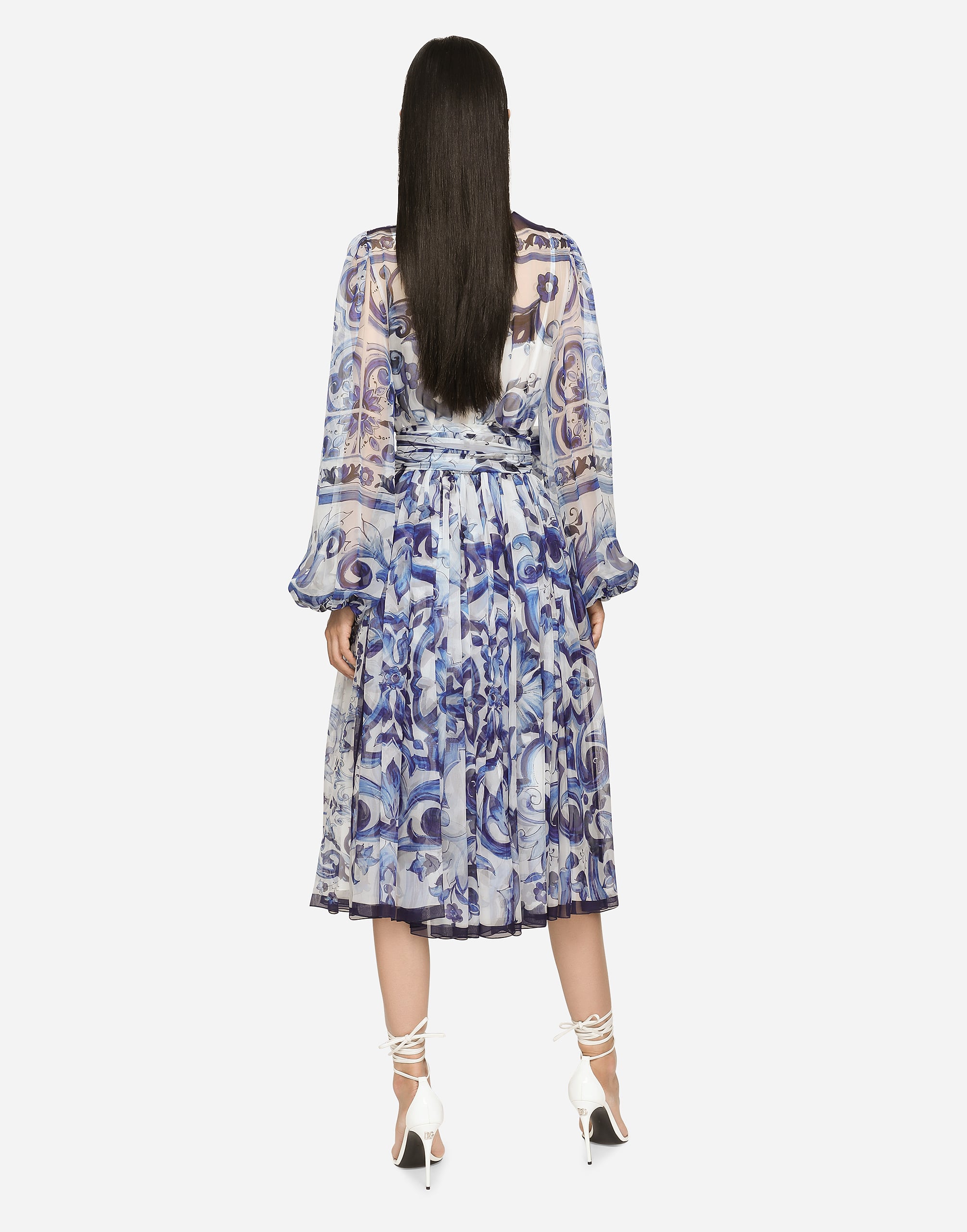  Dolce & Gabbana Midikleid Aus Chiffon Majolika-print - Frau Kleider Blau Seide 44 
