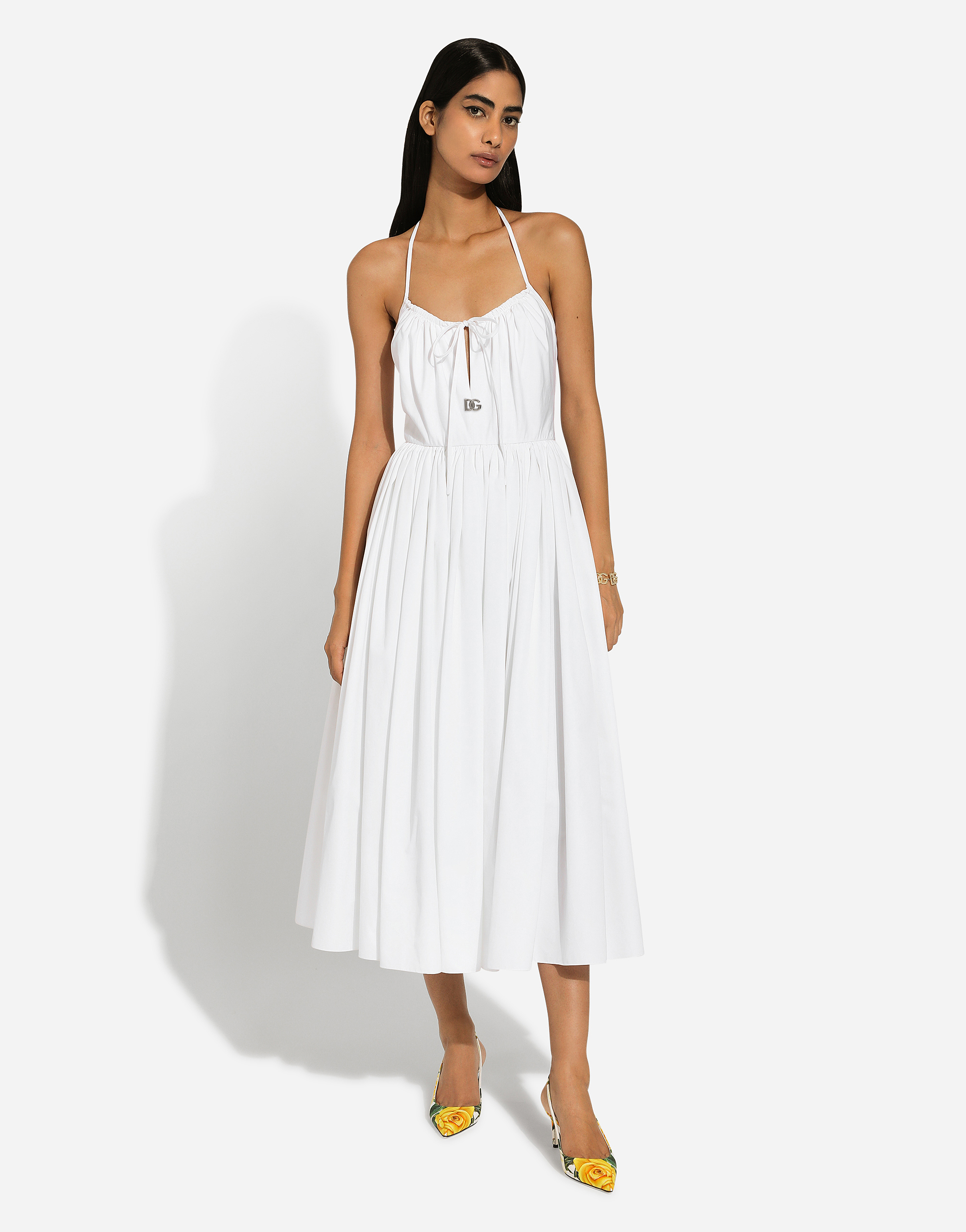Shop Dolce & Gabbana Midi Cotton Dress With Circle Skirt In White