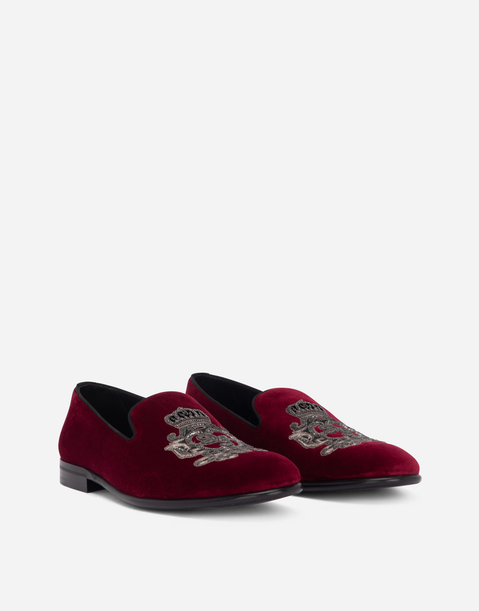 Shop Dolce & Gabbana Velvet Slippers With Coat Of Arms Embroidery In Bordeaux