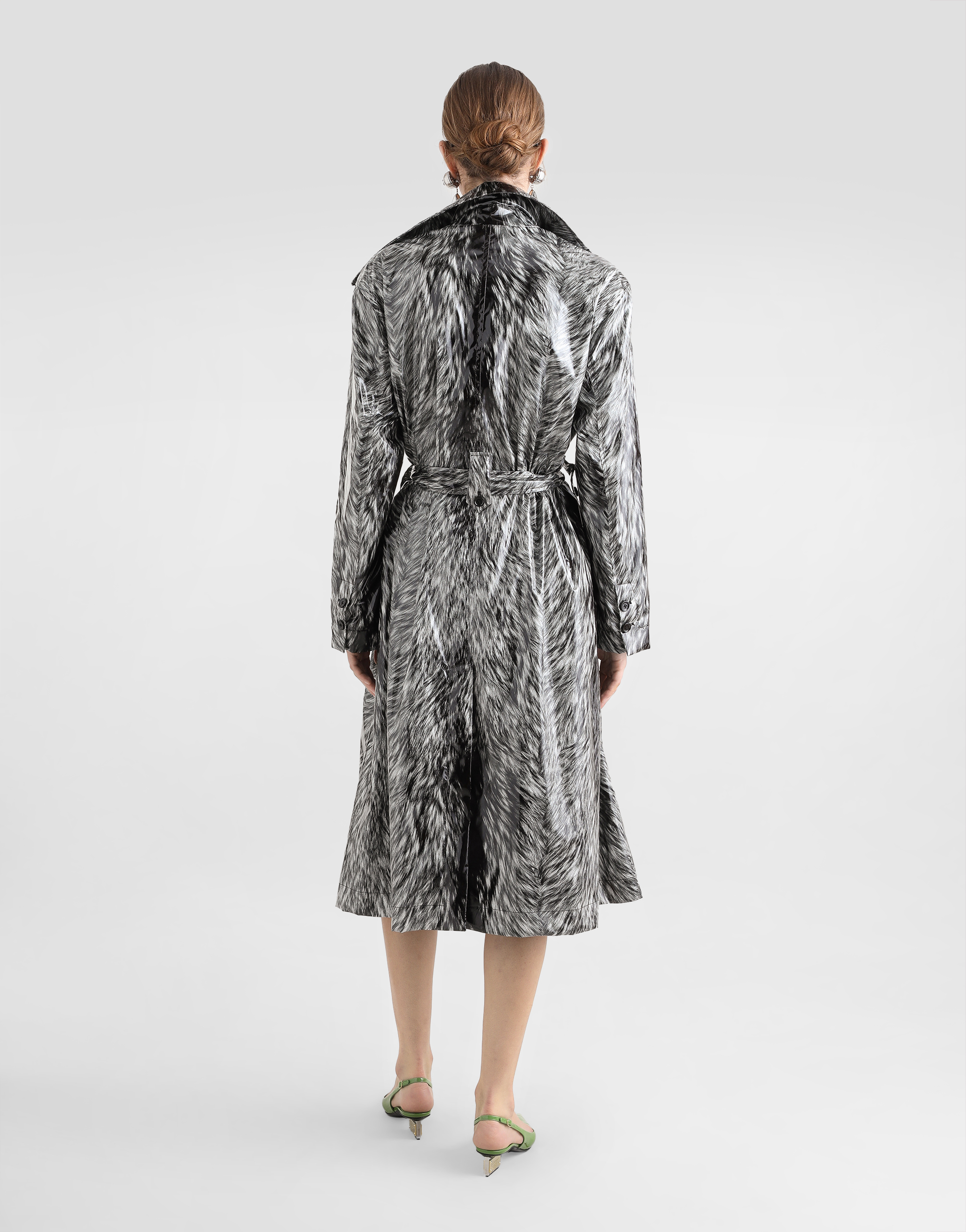 Dolce & Gabbana Fur-print Coated Satin Trench Coat In Grey