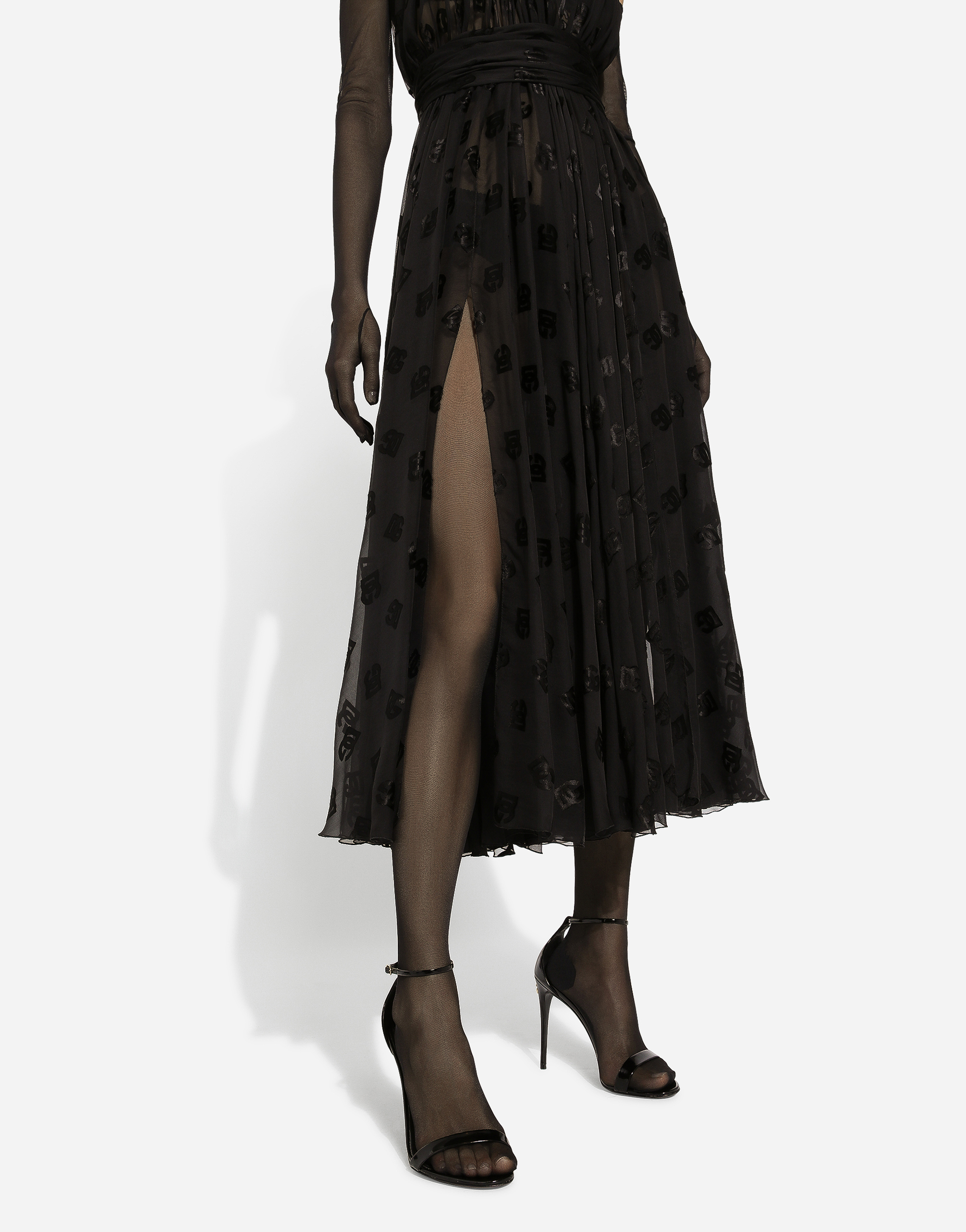 Shop Dolce & Gabbana Dévoré Satin Calf-length Dress With All-over Dg Logo In Black