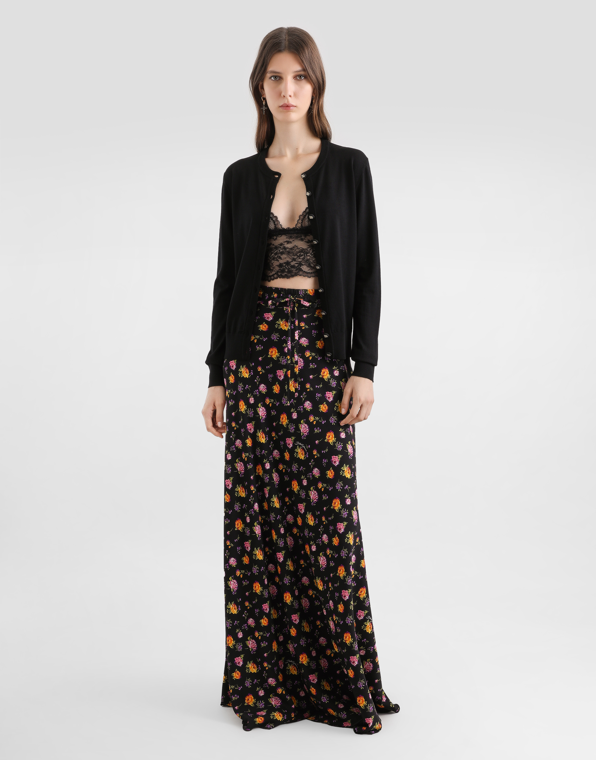 Dolce & Gabbana Small Rose Bouquets-print Flared Charmeuse Skirt In Black