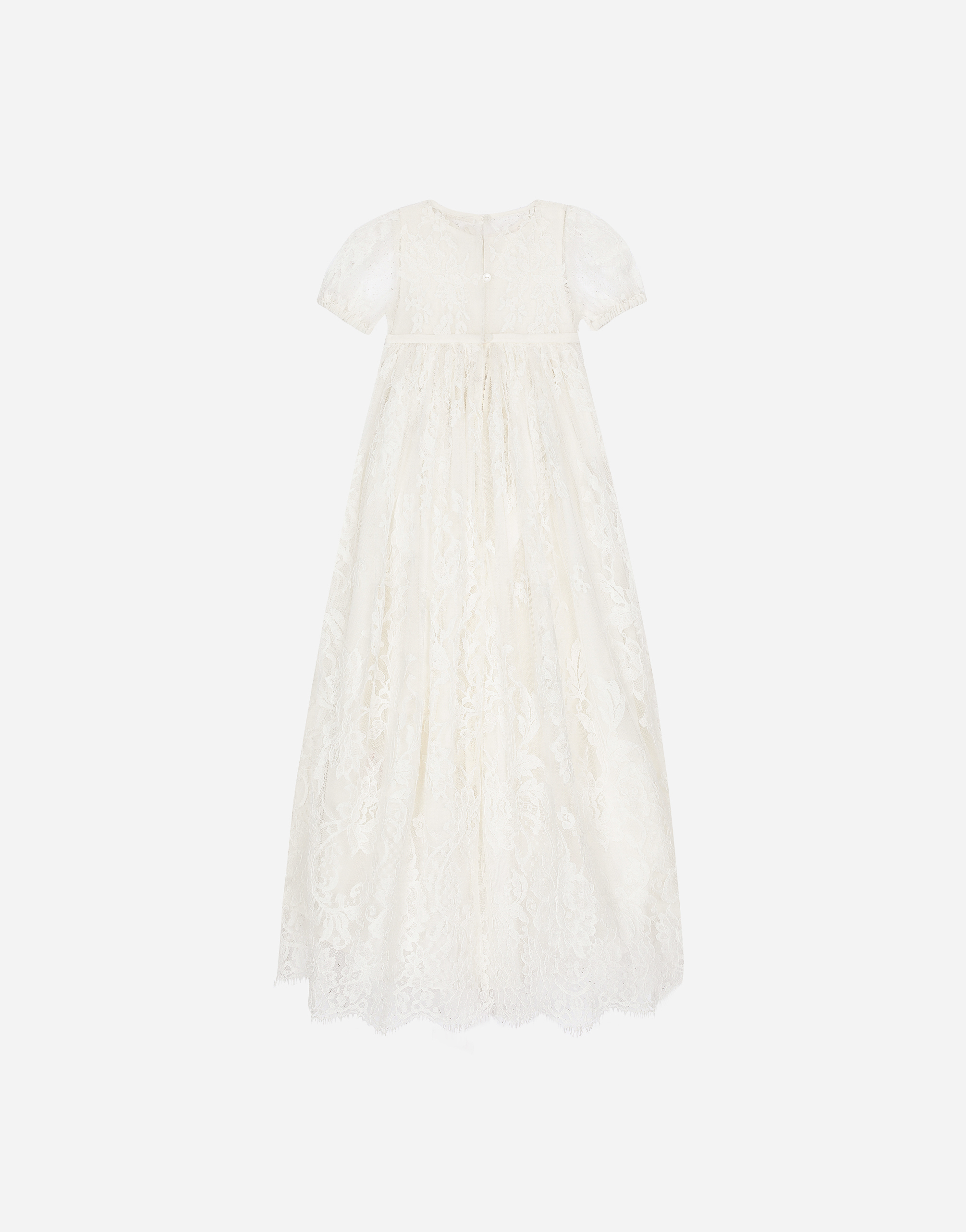 Empire-line ramage Chantilly lace christening dress with short sleeves