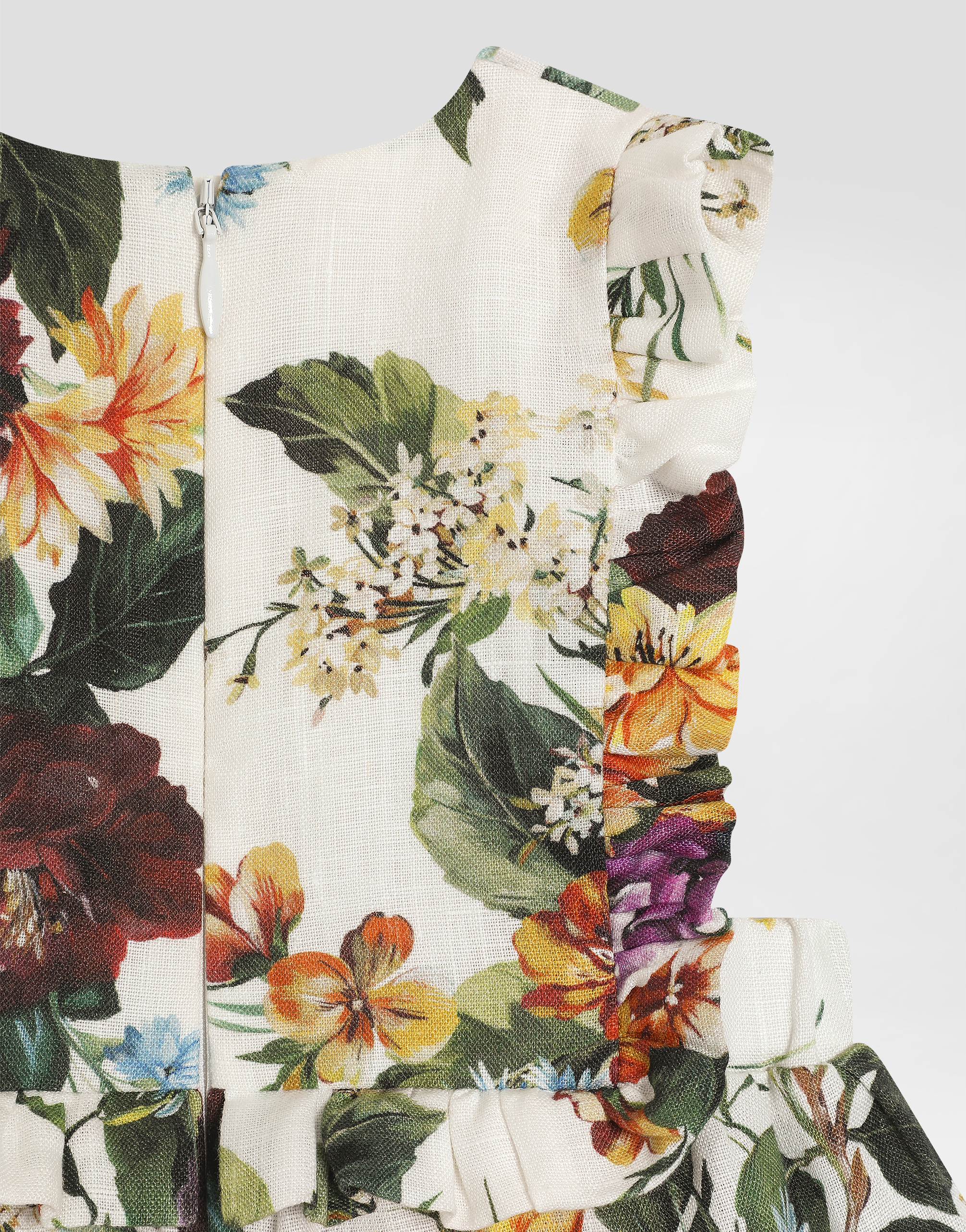 Flower-print short-sleeved linen canvas romper