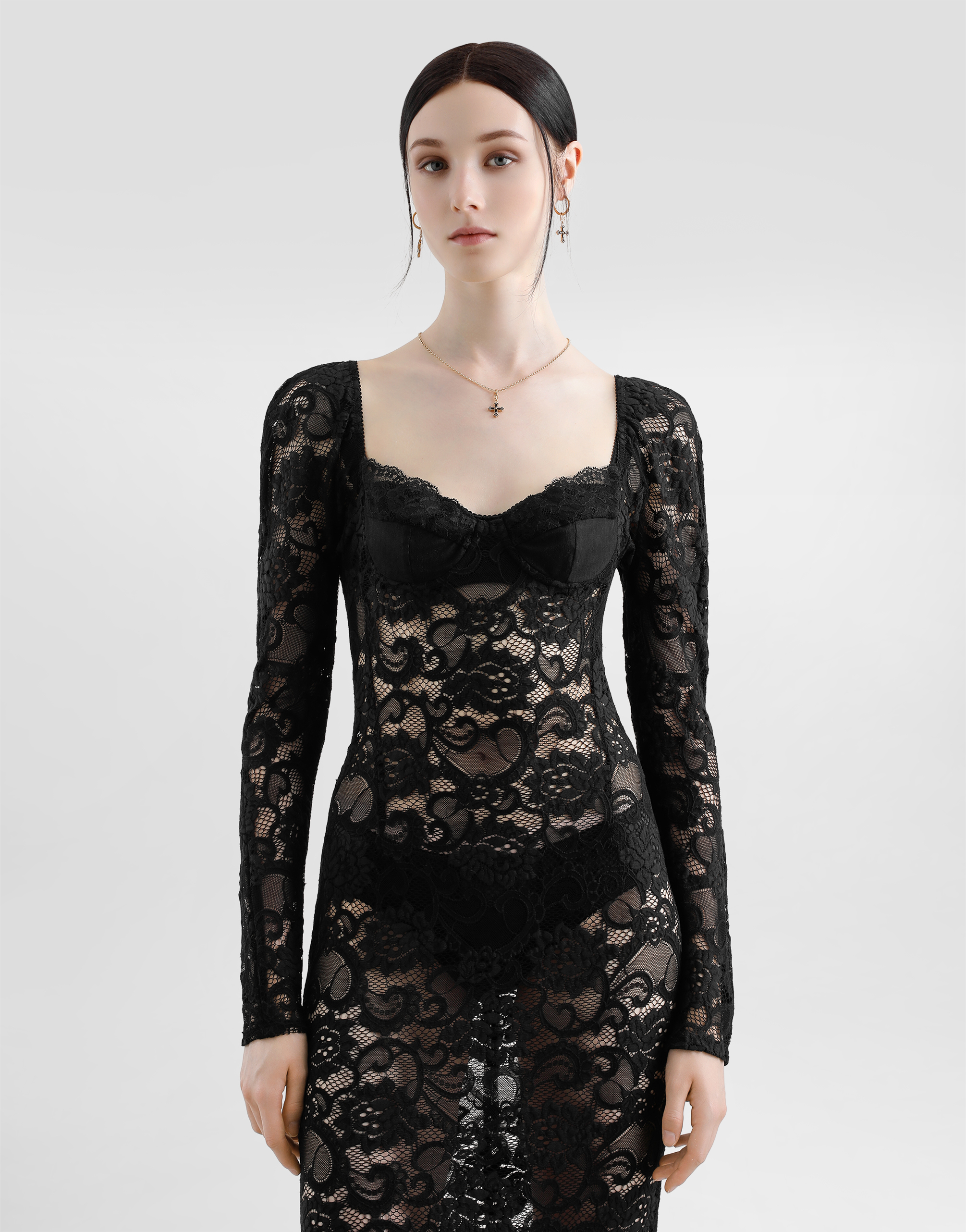 Dolce & Gabbana Calf-length Floral Lace Dress With Bra-style Cups In Black