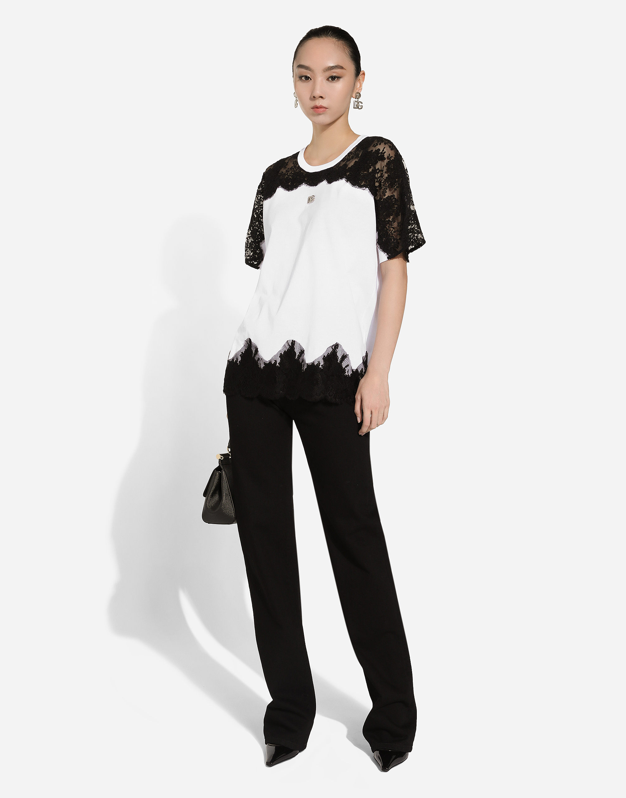 Dolce & Gabbana Jersey T-shirt With Dg Logo And Lace Inserts In White