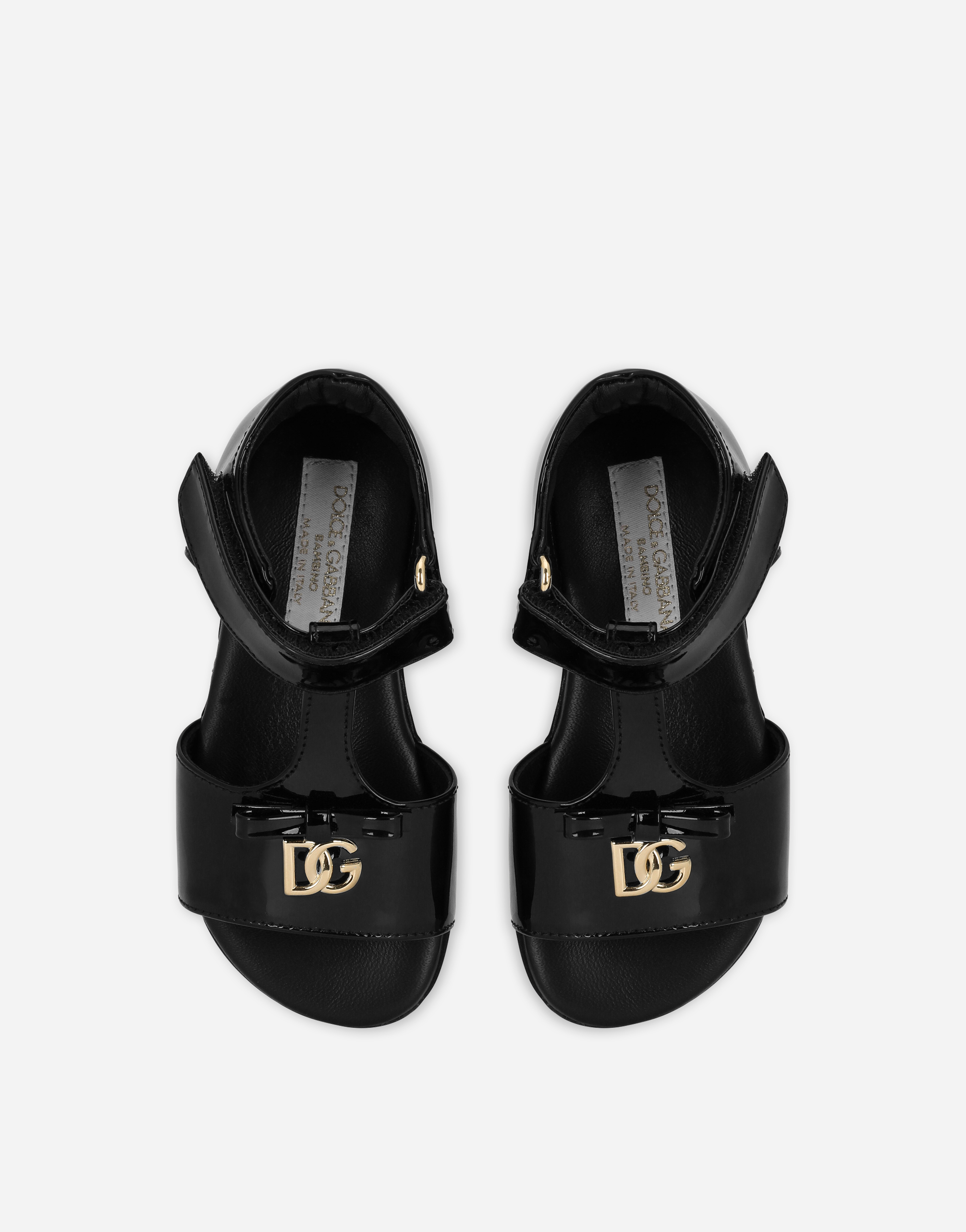 Dolce & Gabbana Patent Leather First Steps Sandals With Metal Dg Logo In Black