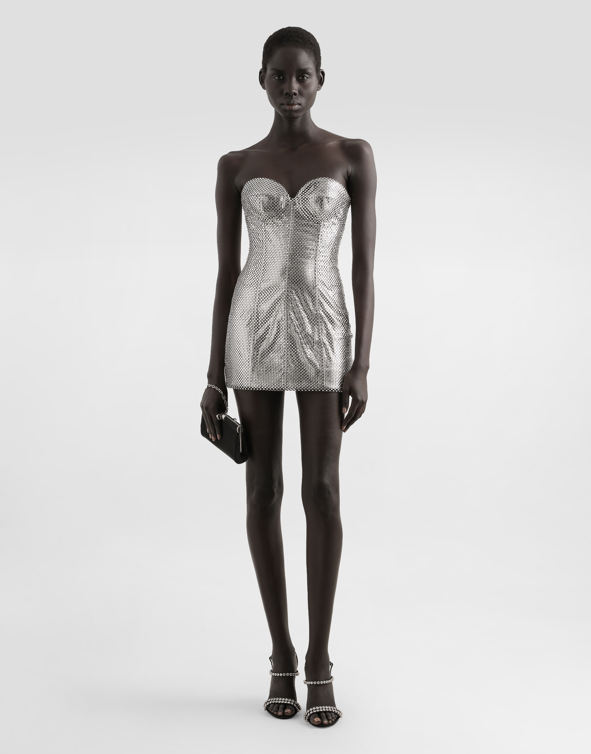 Dolce & Gabbana Mesh Strapless Mini Dress In Silver
