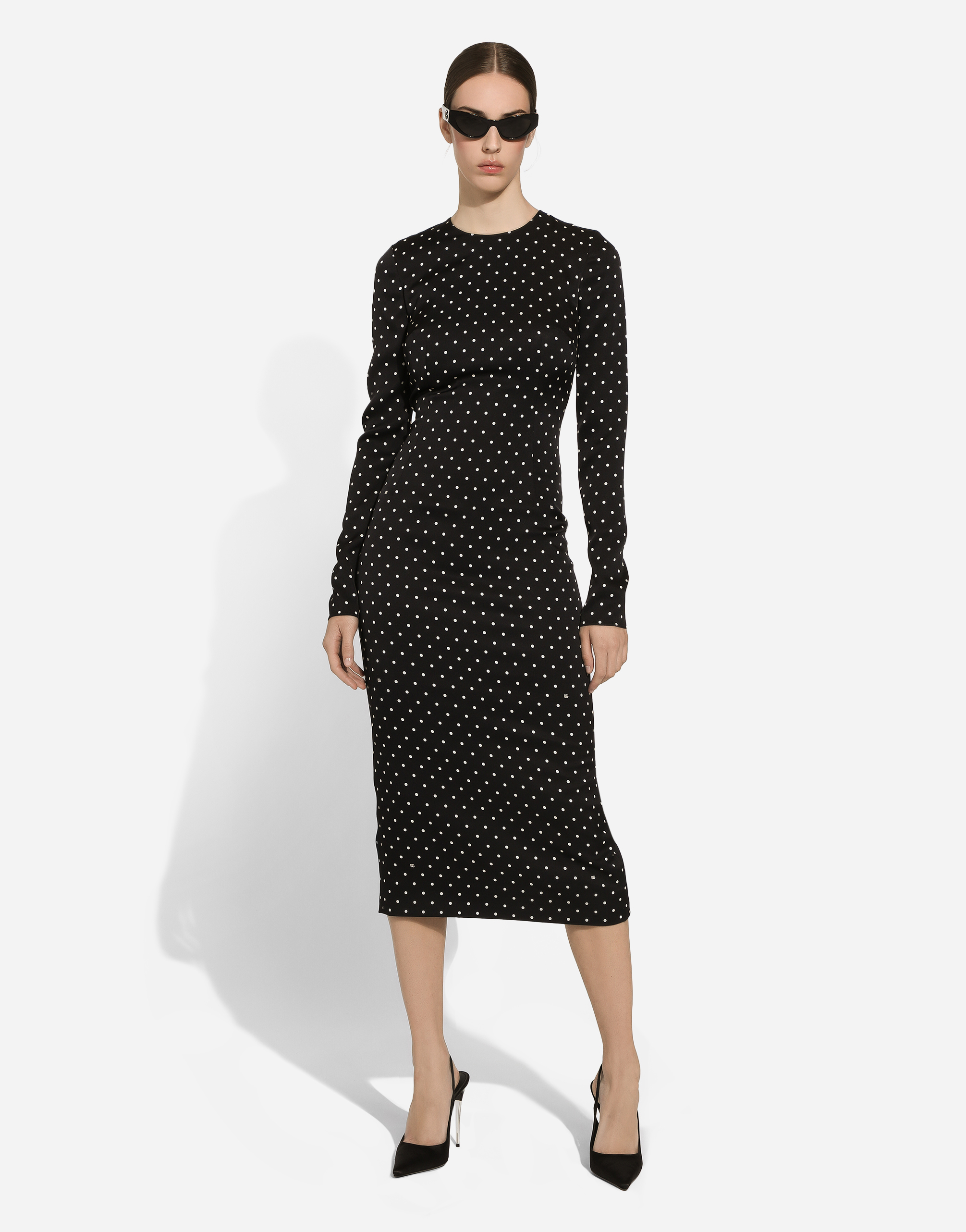 Dolce & Gabbana Charmeuse Calf-length Sheath Dress With Polka-dot Print In プリ