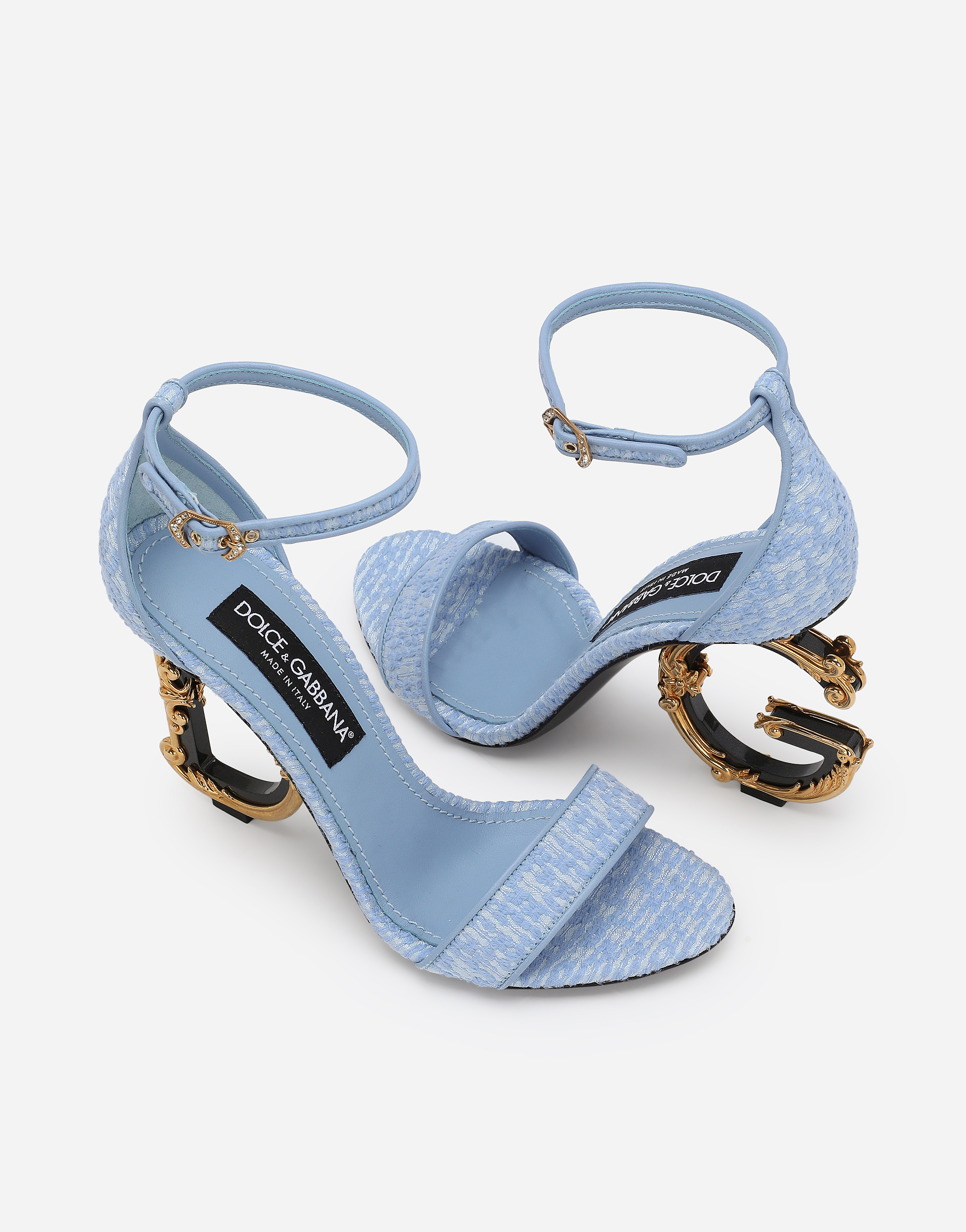 Dolce & Gabbana Bouclé Fabric Sandals With Baroque Dg Detail In Azure