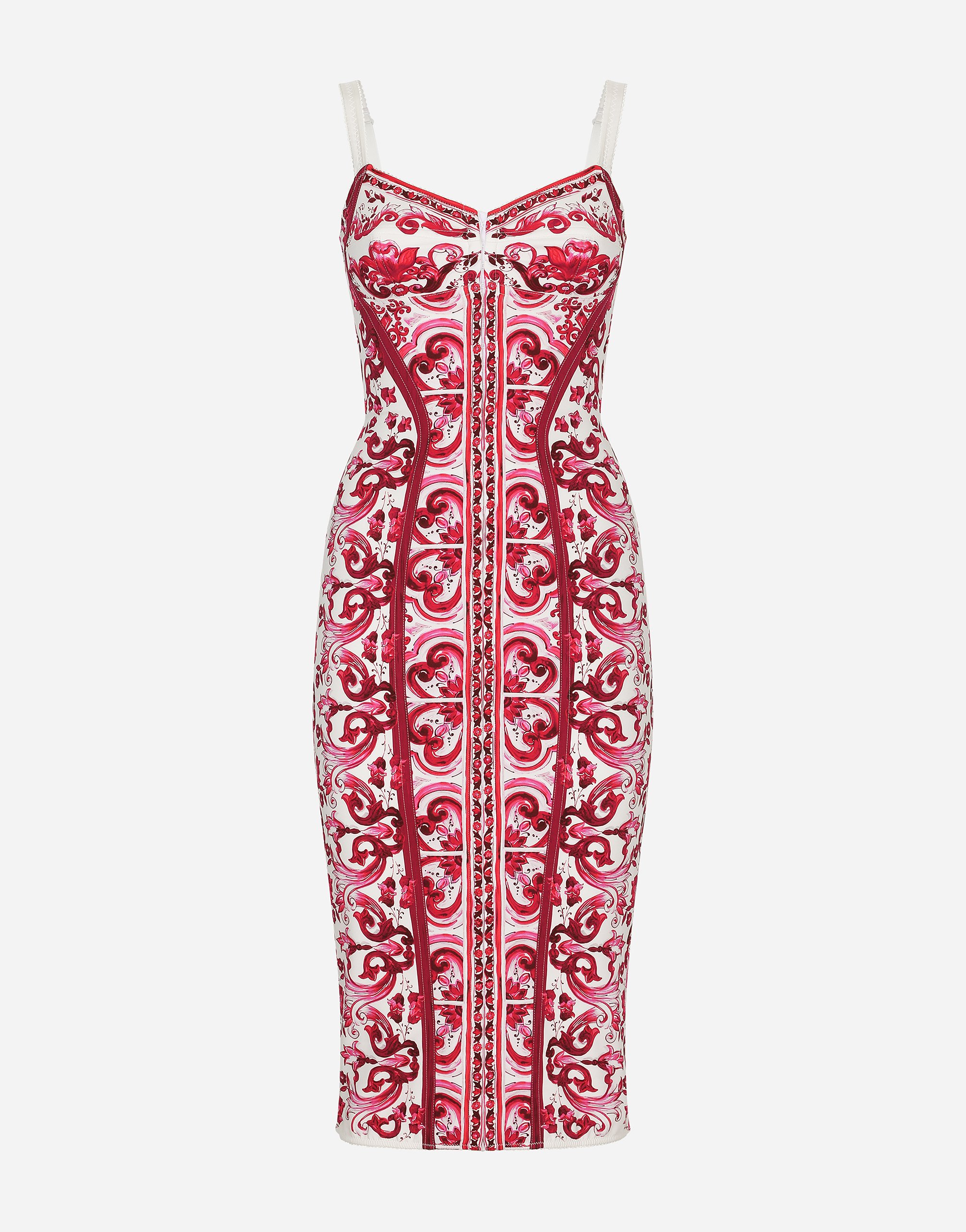 Dolce & Gabbana Bustier Dress In Majolica Print Charmuse In Red