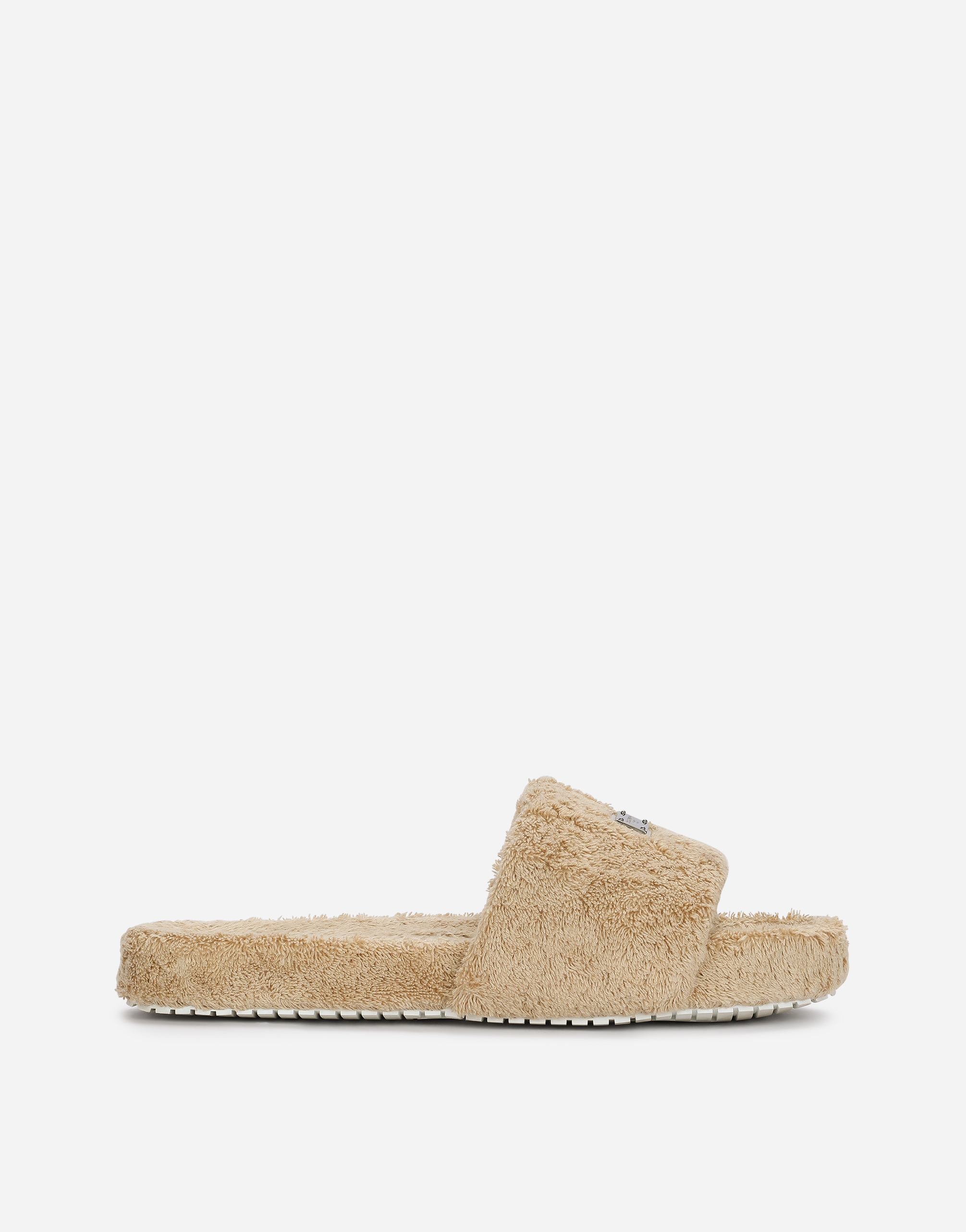 Shop Dolce & Gabbana Terrycloth Sliders With Logo Tag In Beige