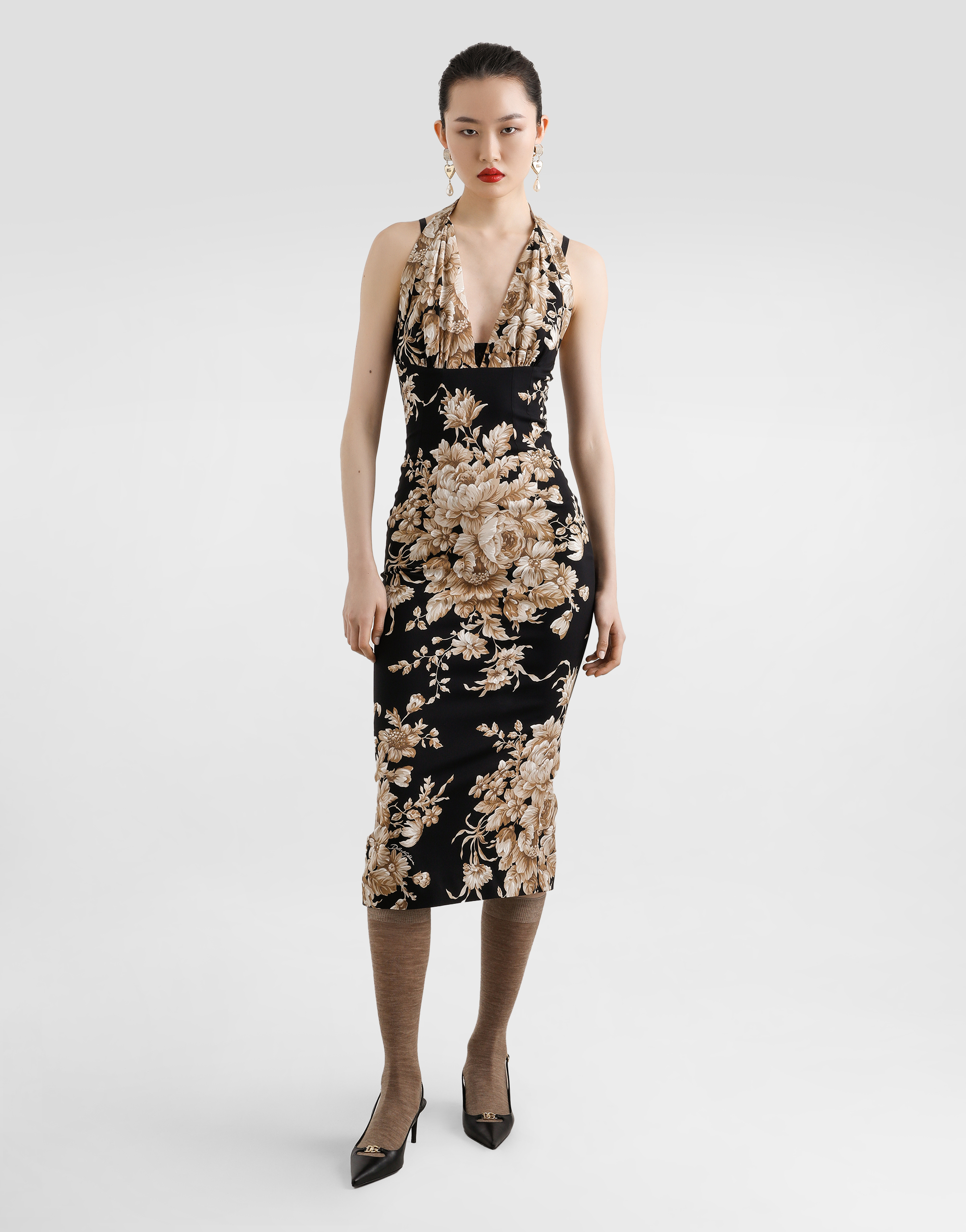 Dolce & Gabbana Floral Silk-charmeuse Midi Halter Dress In Multi