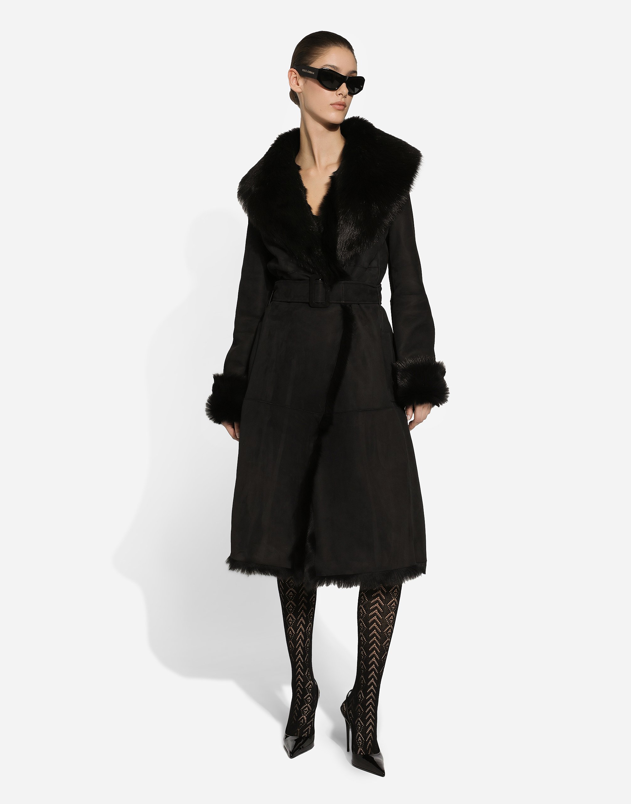 Shearling coat with belt