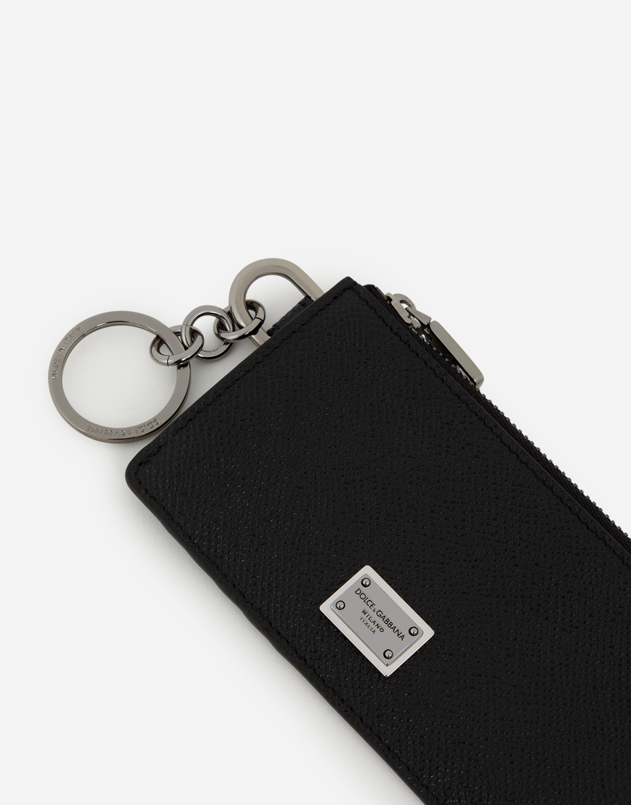 Dolce & Gabbana Calfskin Card Holder With Ring And Logo Tag In Black