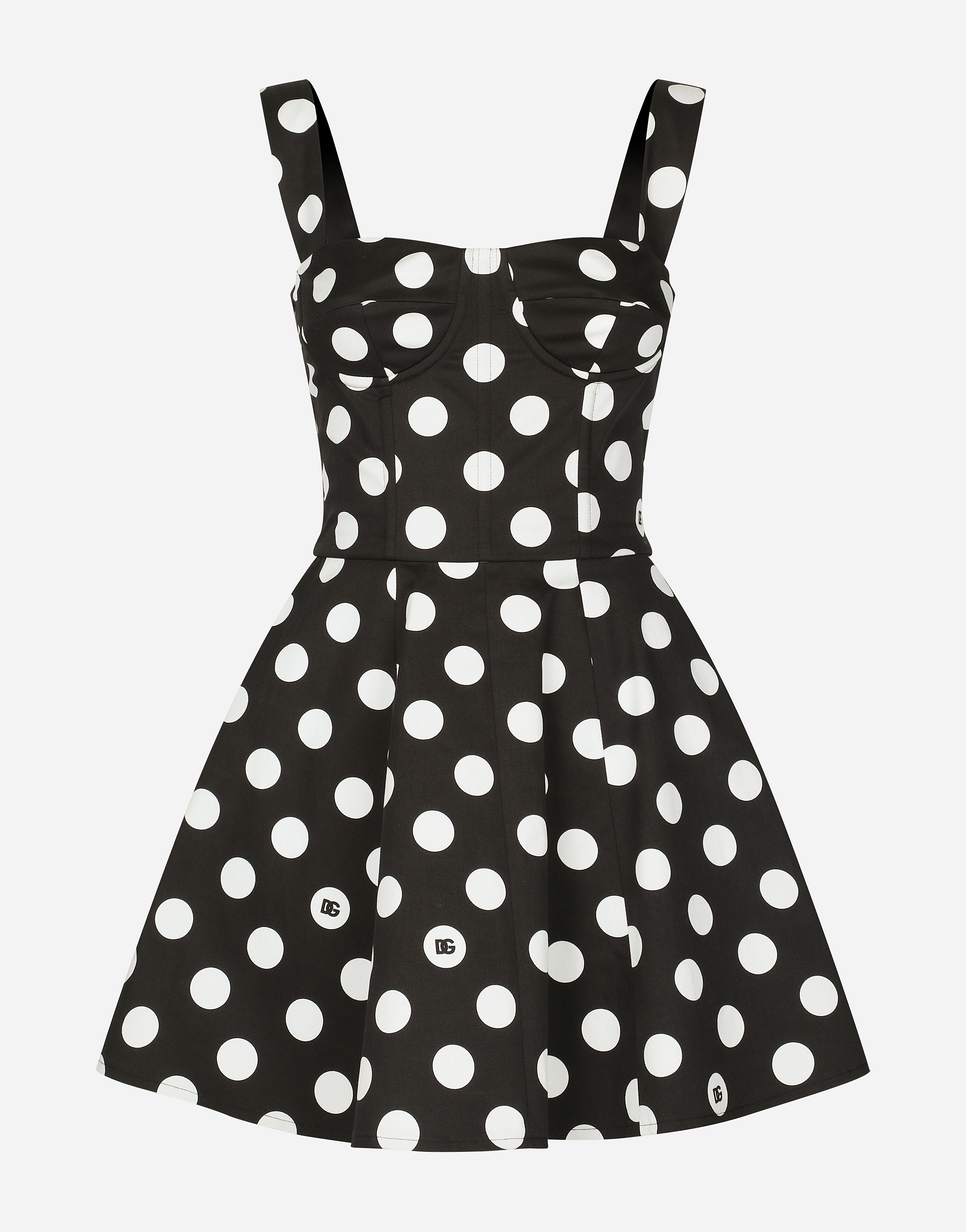 Dolce & Gabbana Black And White Corset Minidress With Polka-dots Print In Cotton Drill Woman In プリ
