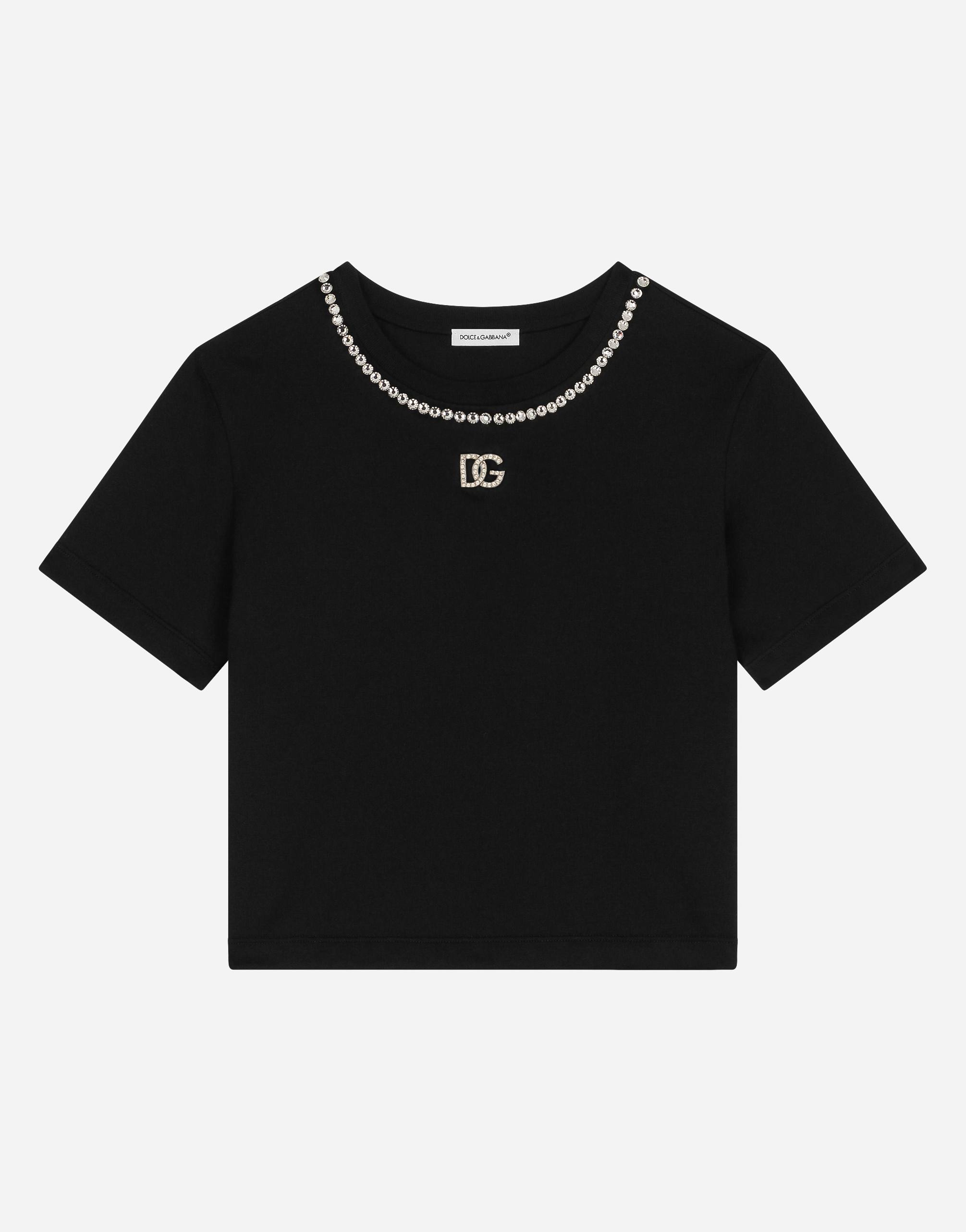 Dolce & Gabbana Short-sleeved Jersey T-shirt With Rhinestones In Black