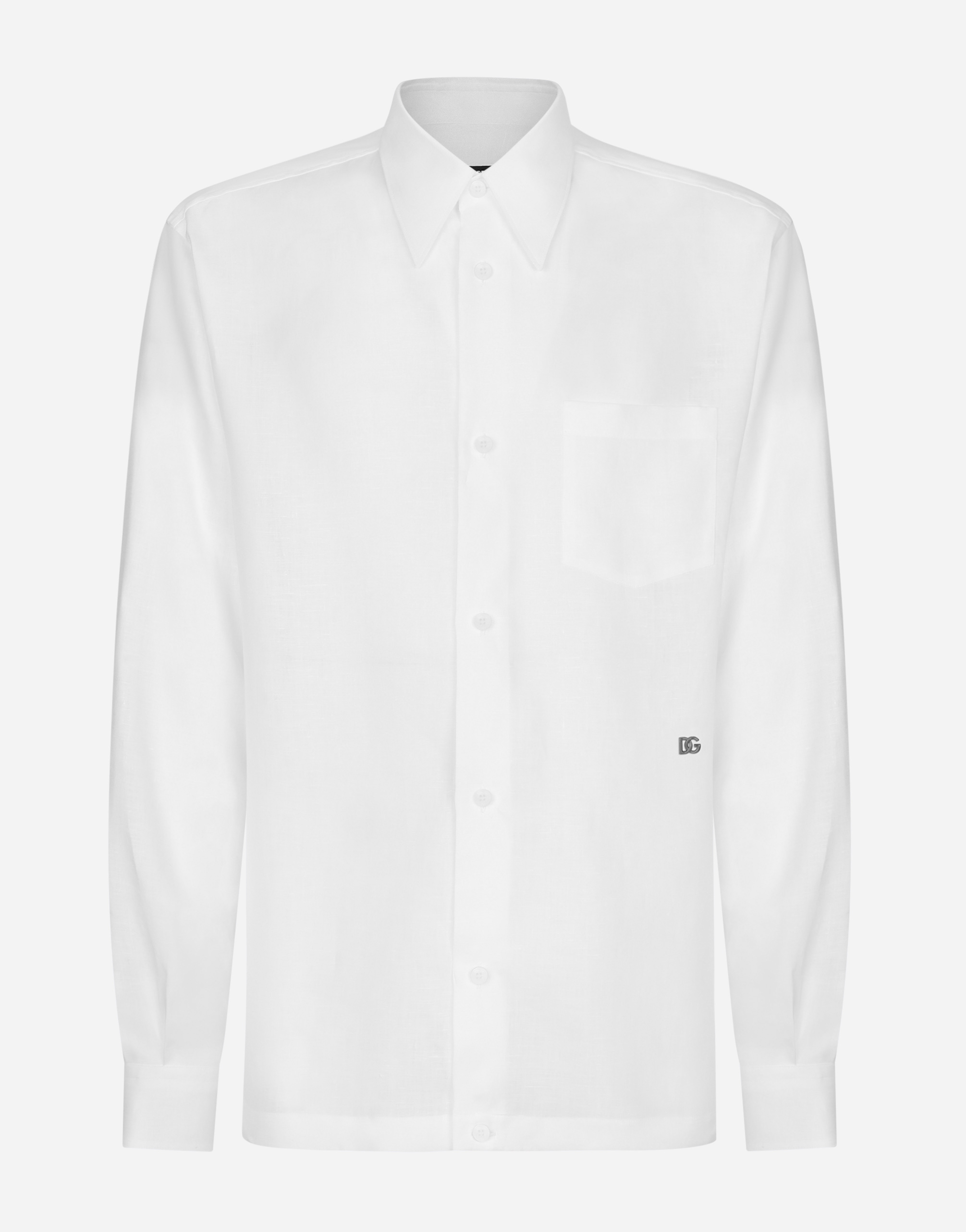 Dolce & Gabbana Linen Hawaiian Shirt With Dg Hardware In Optical_white