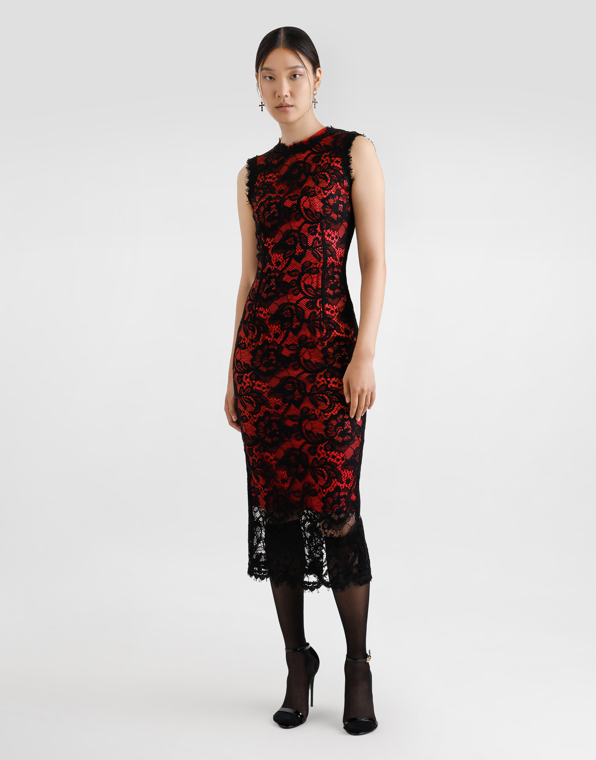 Dolce & Gabbana Calf-length Floral Lace Sheath Dress With Contrasting Lining In Black