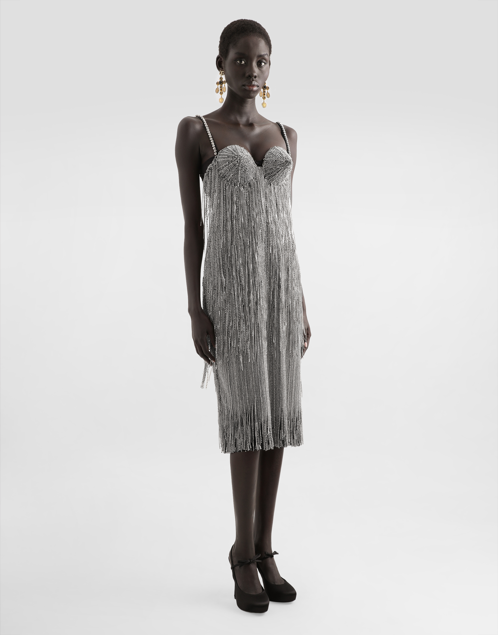 Dolce & Gabbana Marquisette Calf-length Dress With Sequined Fringing In Multicolor