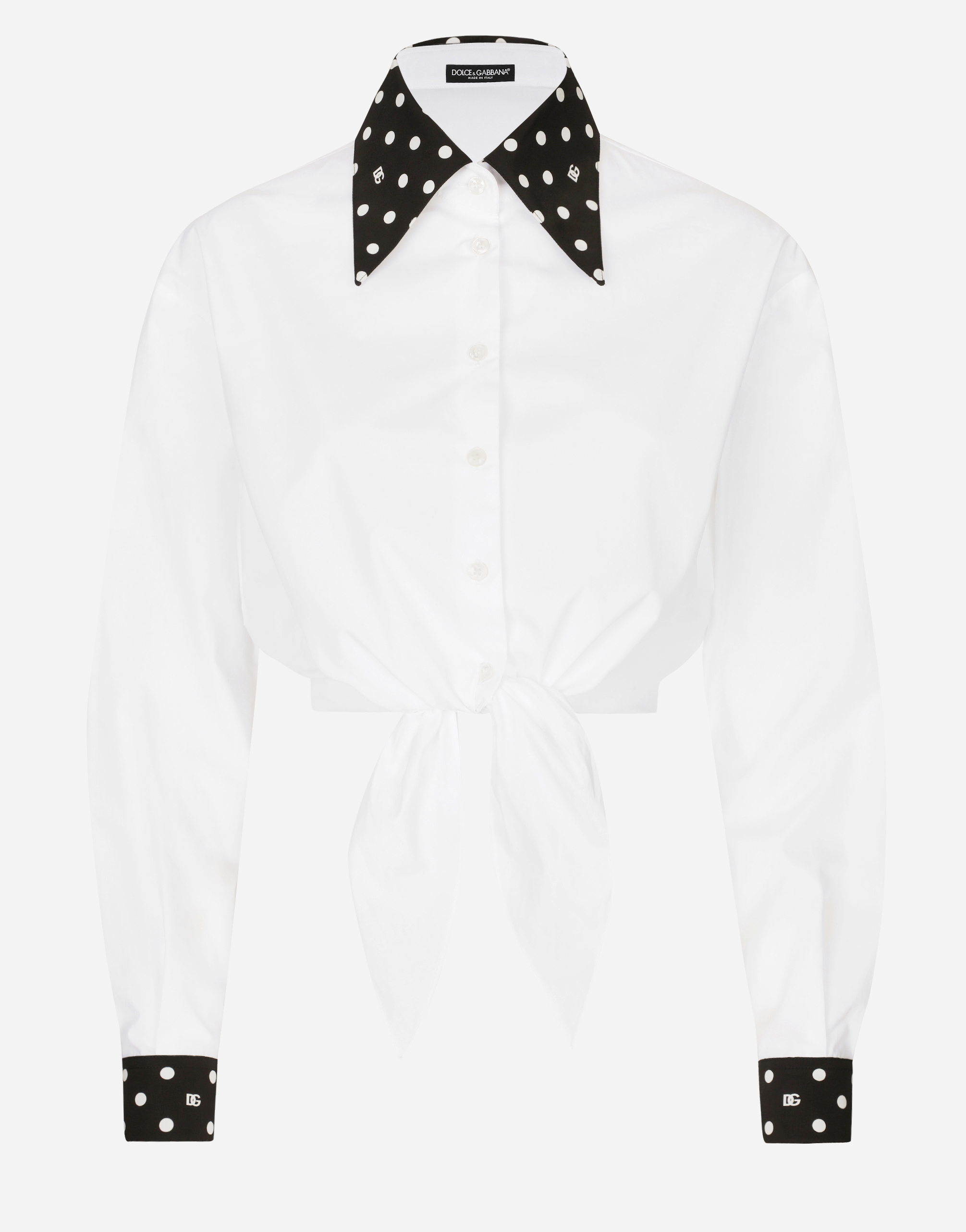 Shop Dolce & Gabbana Cropped Cotton Poplin Shirt With Knot Detail And Polka-dot Print In ホワイト
