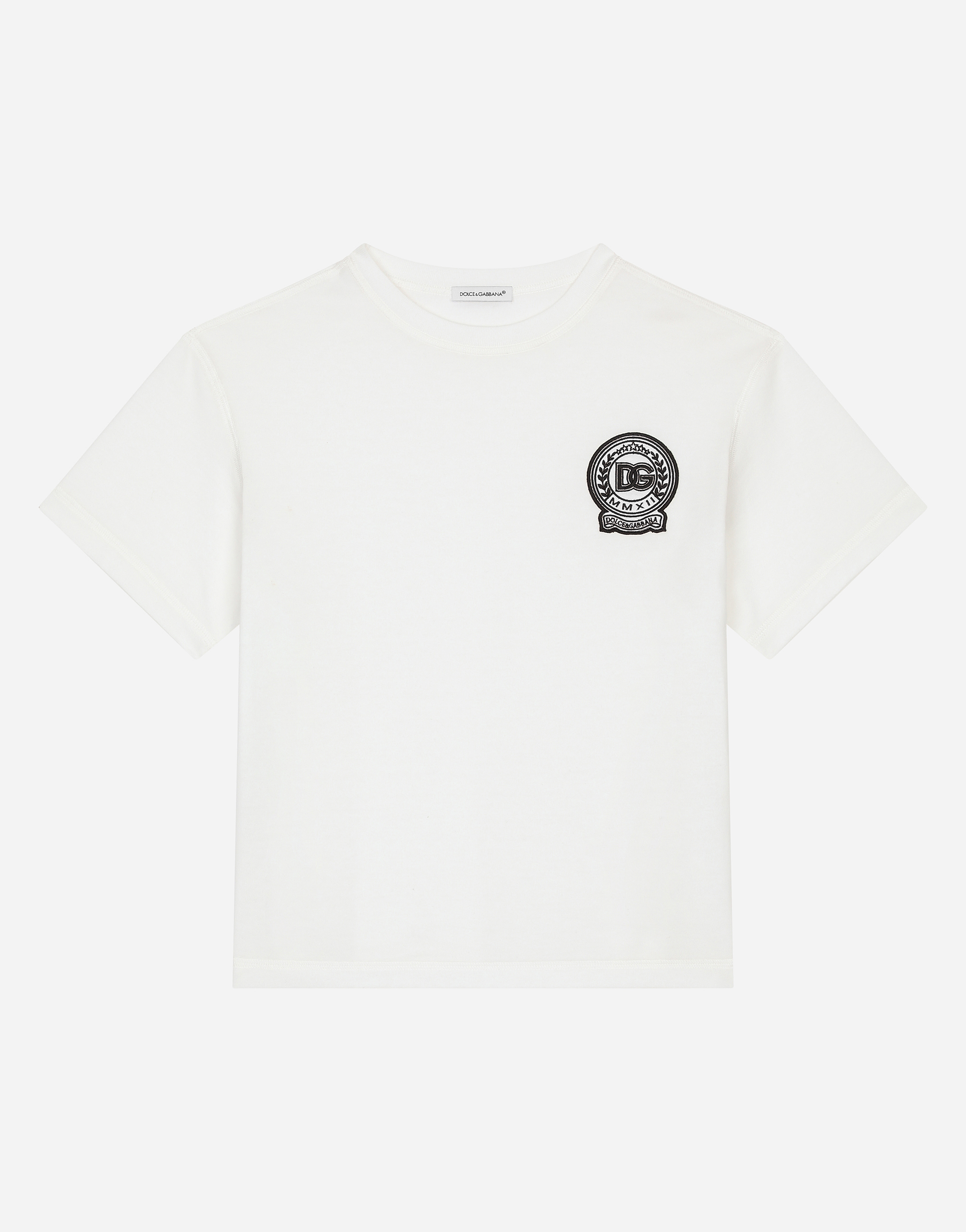 【Dolce&Gabbana】DGロゴ＆ラビットパッチ Vネック風 Tシャツ Jersey T-shirt with DG logo in White for Boys | Dolce&Gabbana®