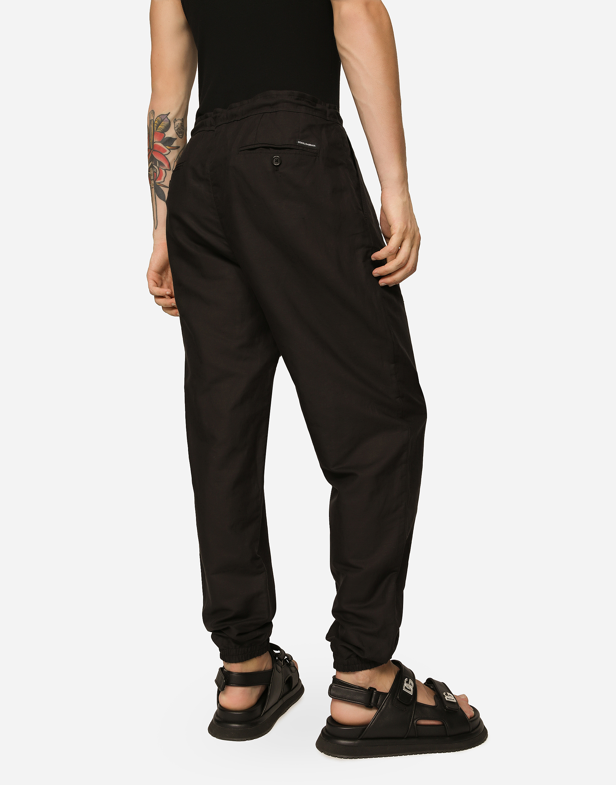 Shop Dolce & Gabbana Linen And Cotton Jogging Pants With Logo Label In Black