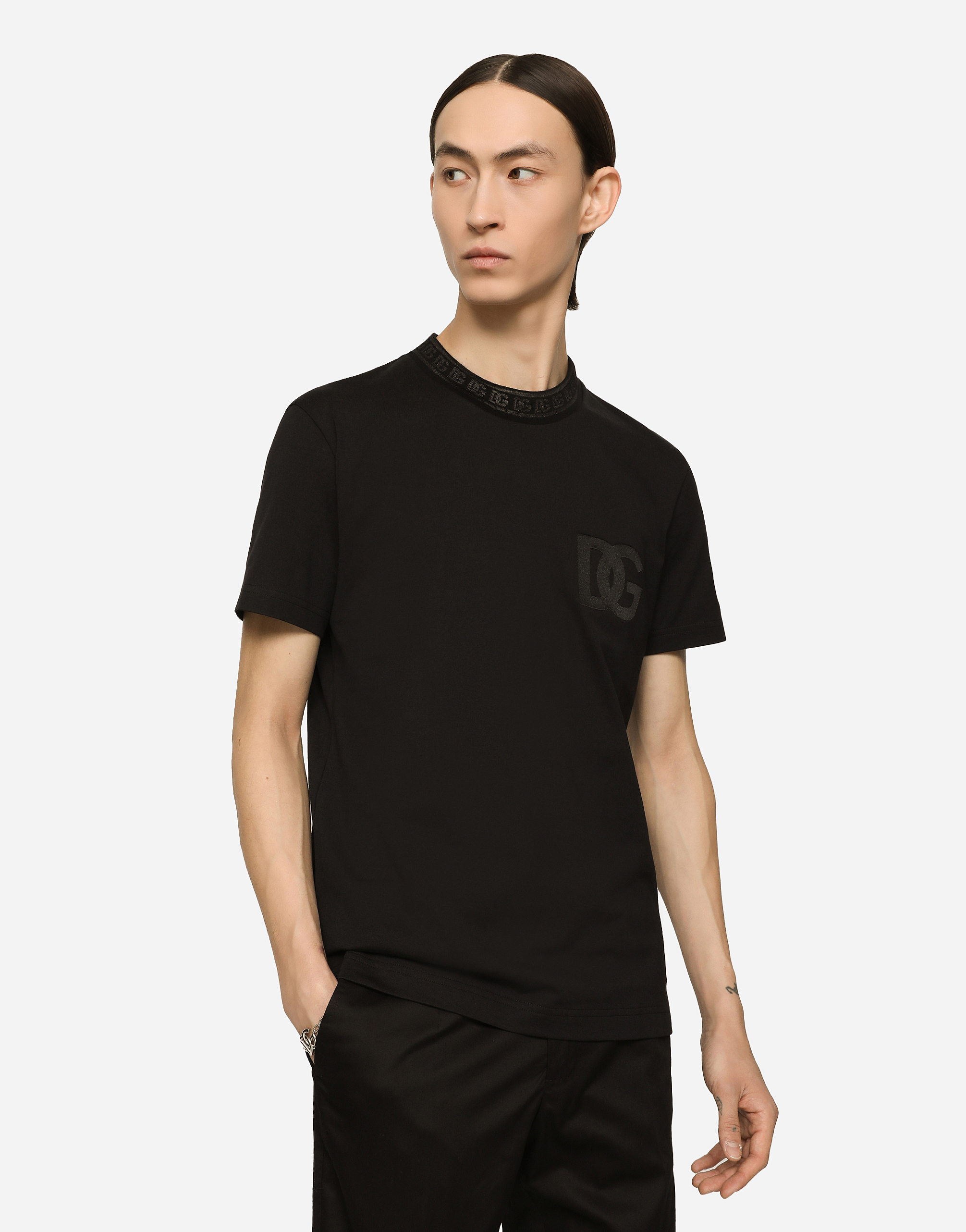 DOLCE & GABBANA COTTON ROUND-NECK T-SHIRT WITH DG EMBROIDERY