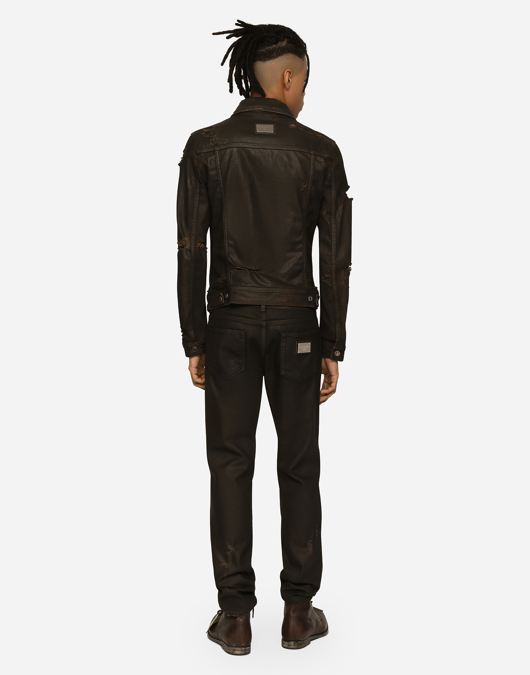 DOLCE & GABBANA WAXED STRETCH DENIM JACKET WITH RIPS