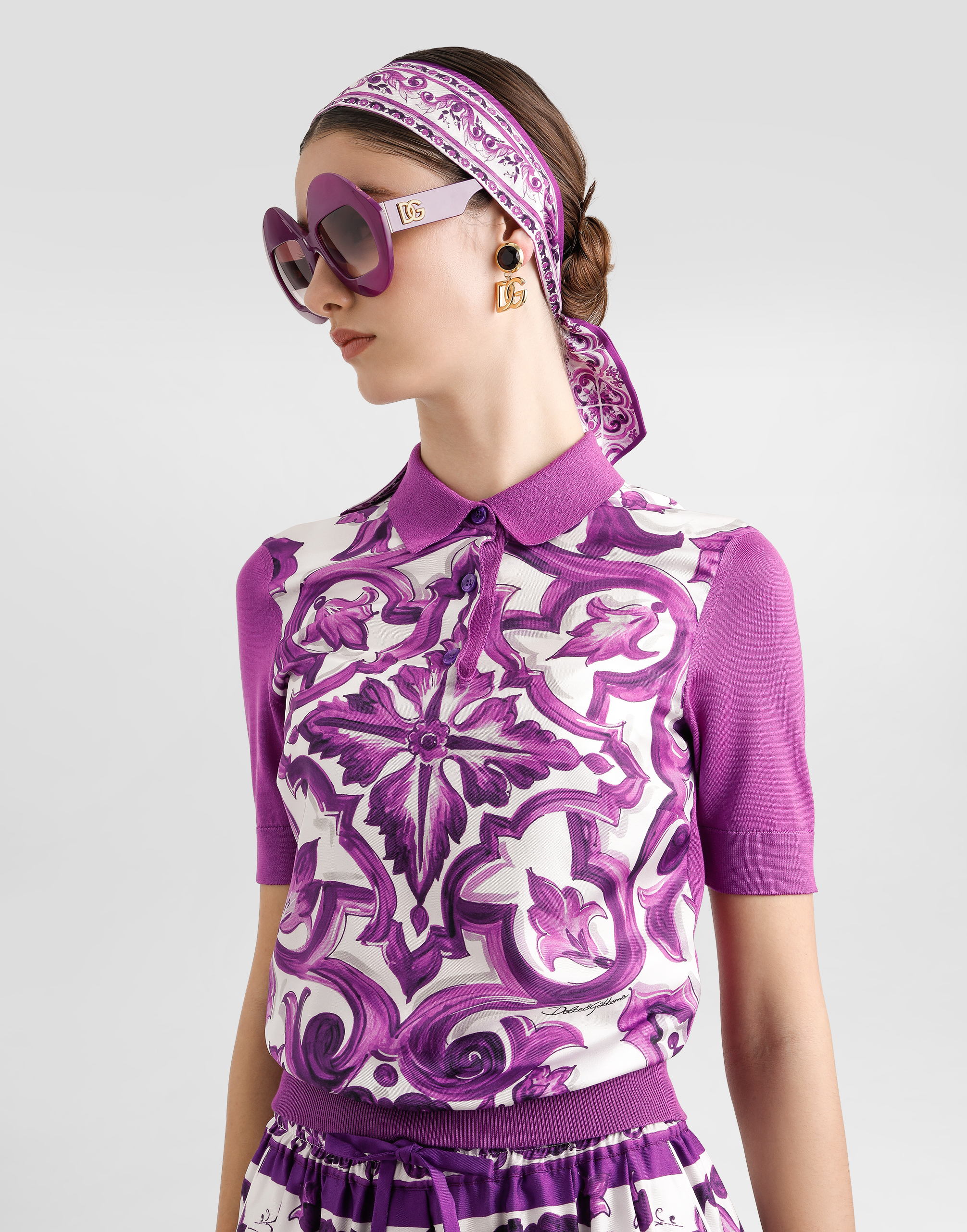 Dolce & Gabbana Polo In Seta Stampa Maiolica