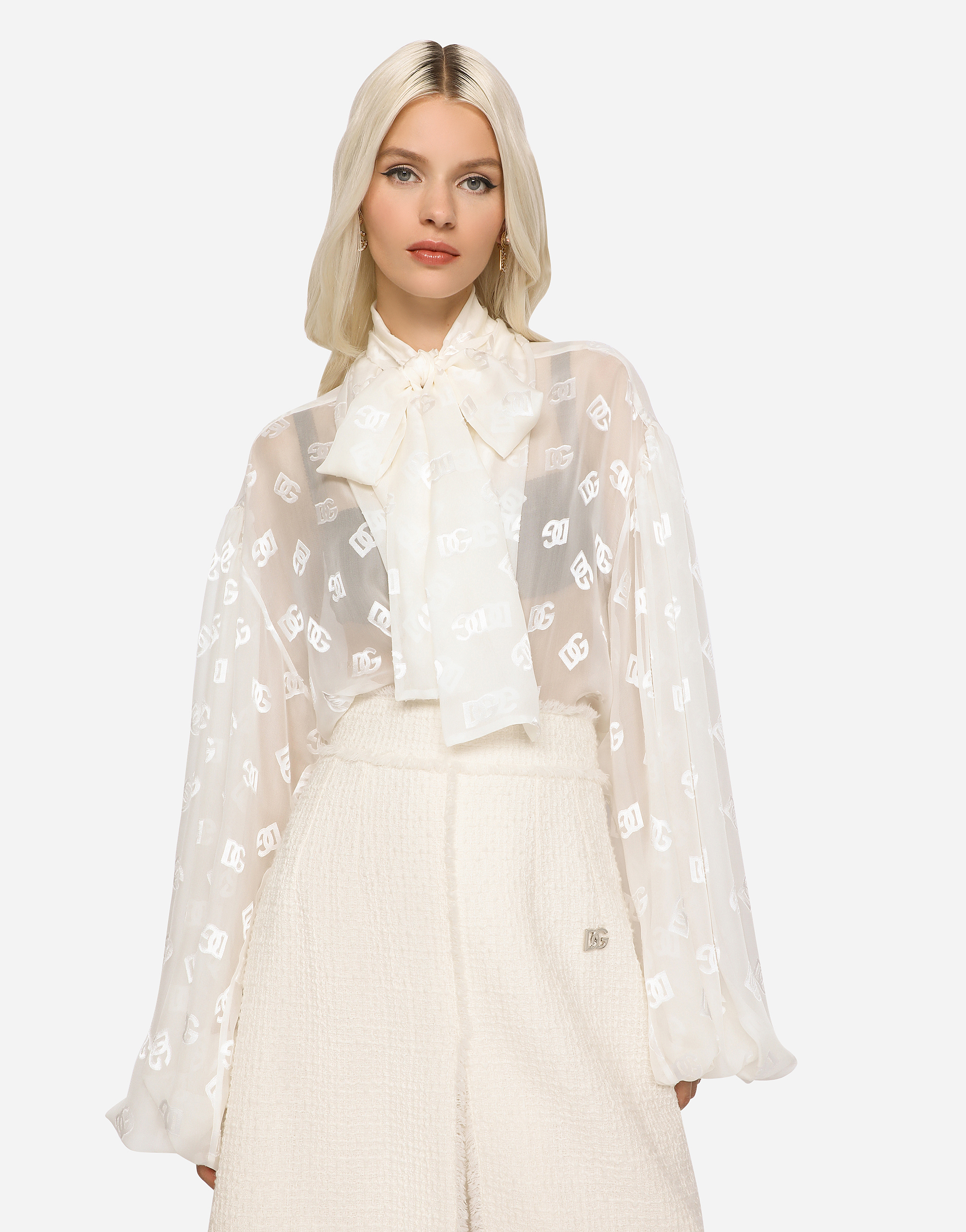 Dolce & Gabbana Devoré Satin Pussy-bow Shirt With All-over Dg Logo In White