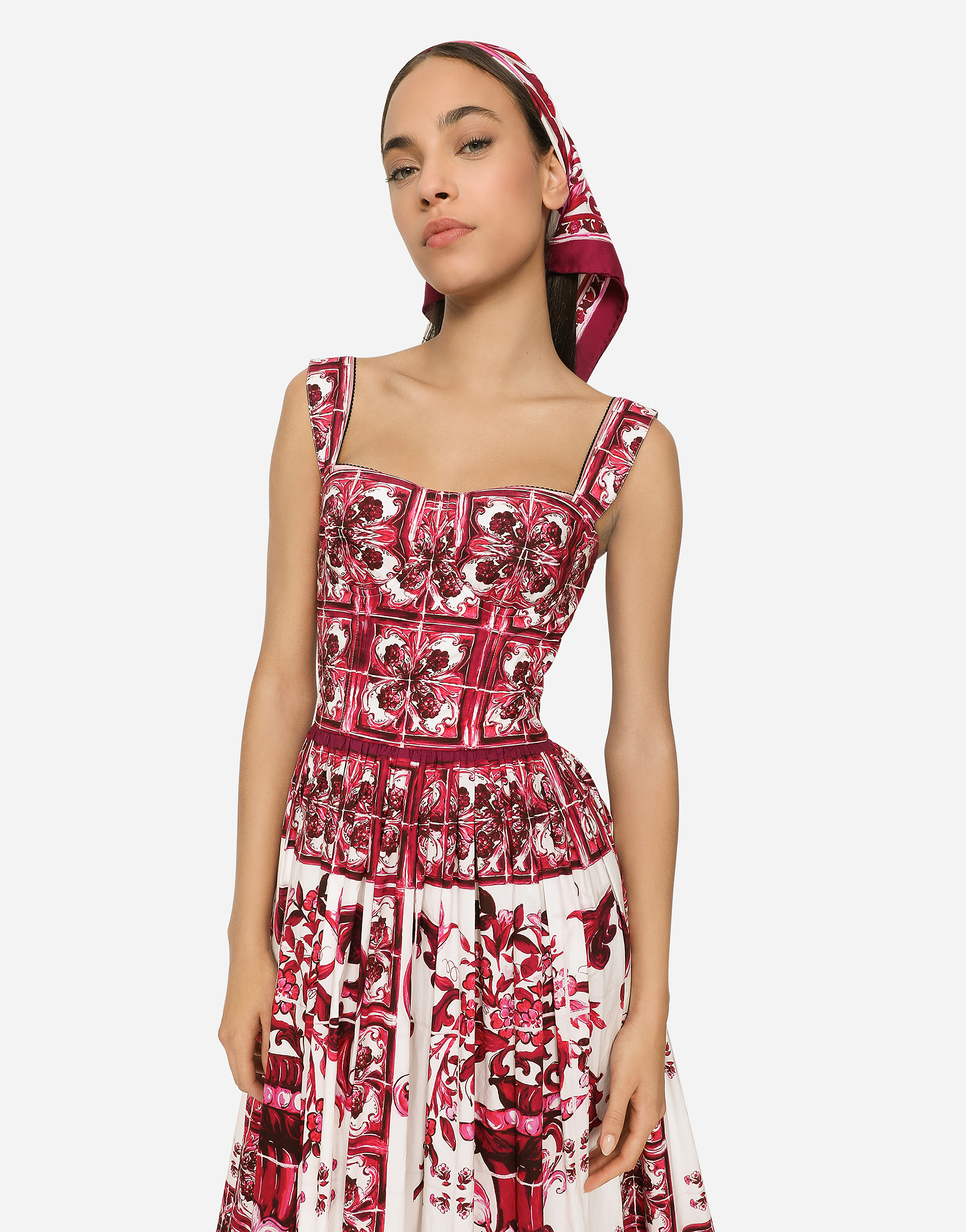 Shop Dolce & Gabbana Bustier Midi Dress In Majolica-print Poplin In Multicolor