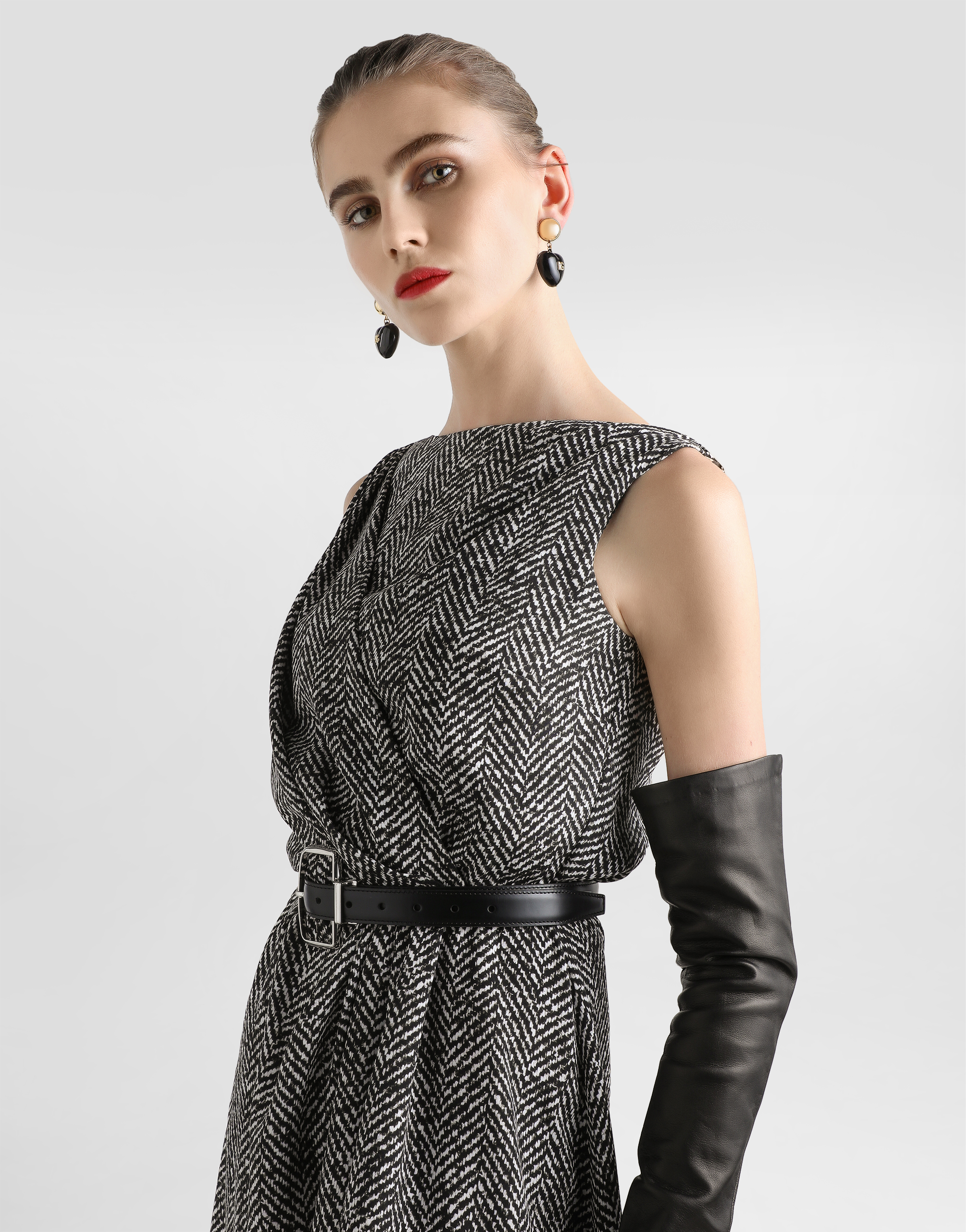 Heavy crêpe cocktail dress with chevron print