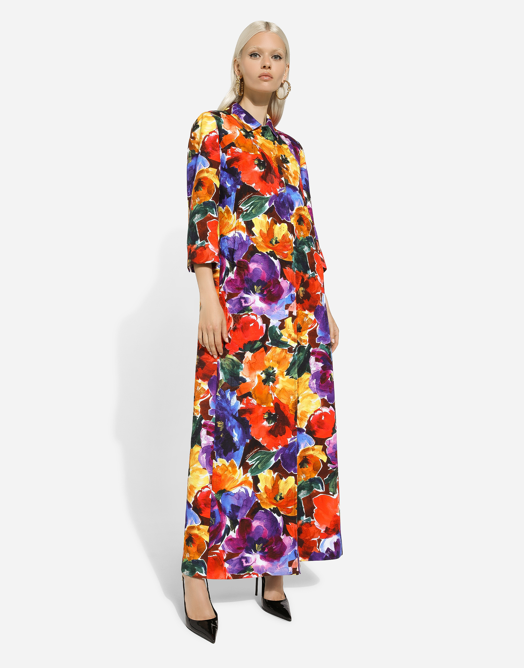 Shop Dolce & Gabbana Long Brocade Coat With Abstract Flower Print